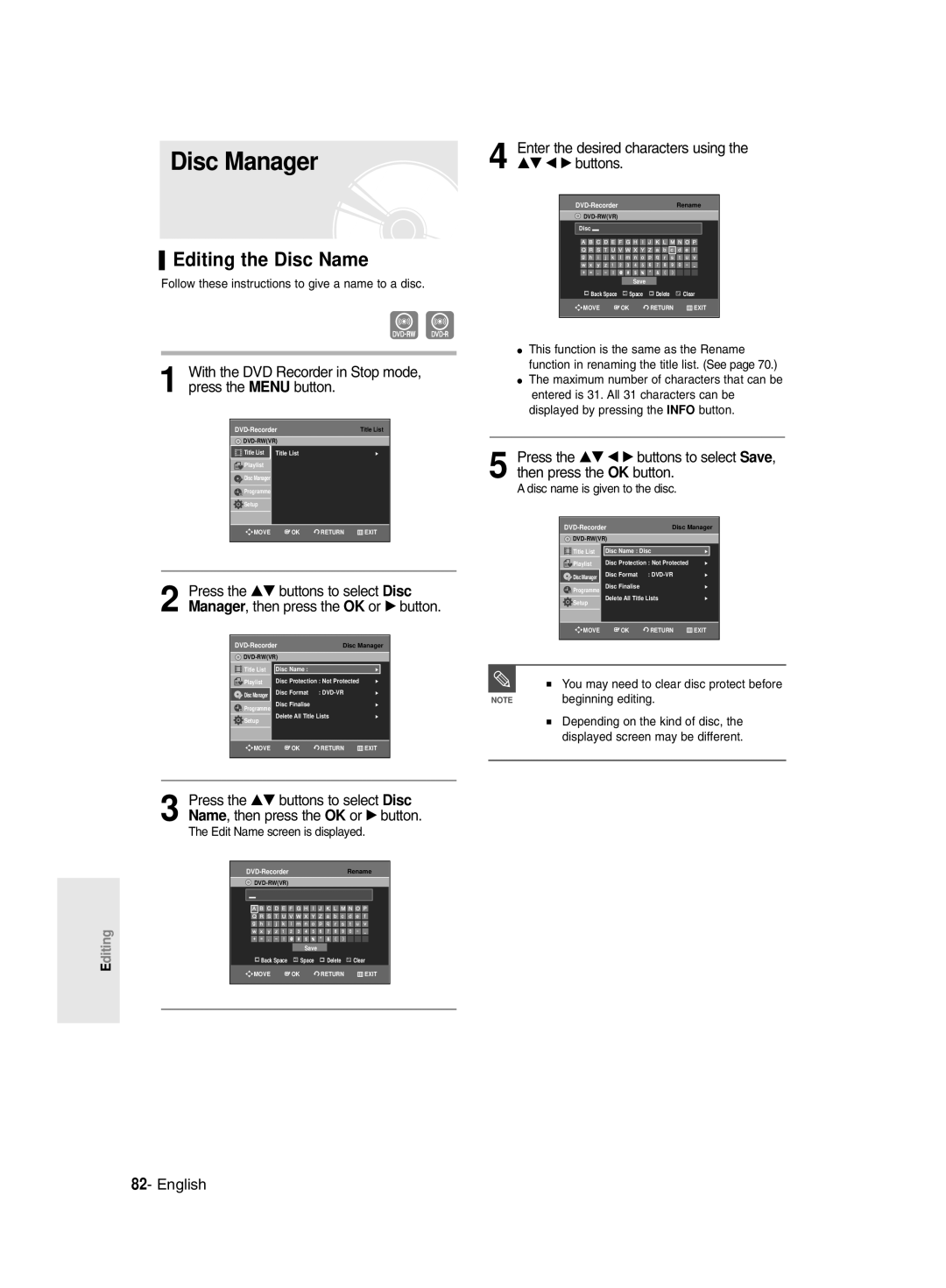 Samsung DVD-R135/EUR, DVD-R135/XEB, DVD-R135/XEH manual Disc Manager, Editing the Disc Name 