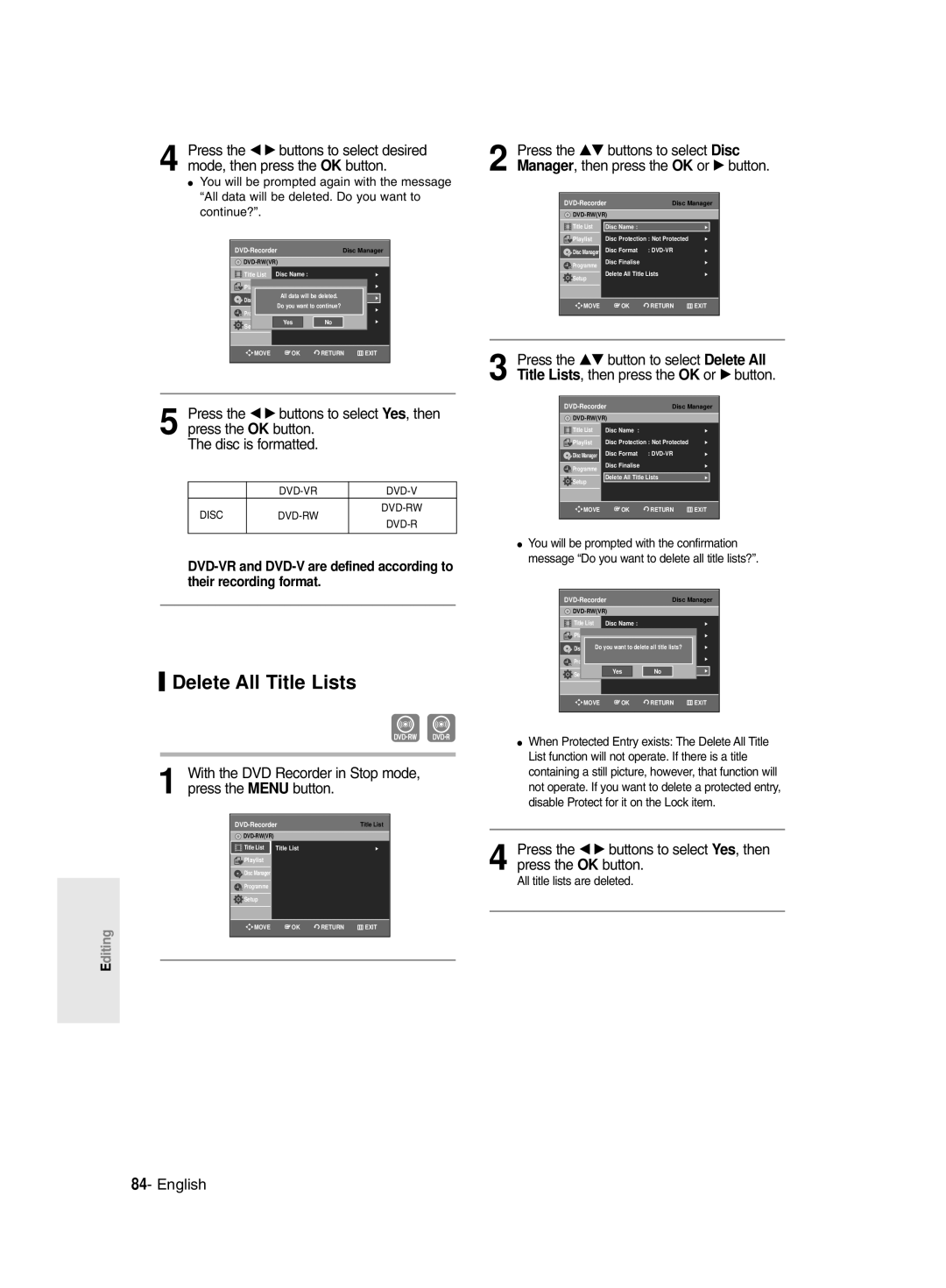 Samsung DVD-R135/XEB, DVD-R135/EUR, DVD-R135/XEH manual Delete All Title Lists, All title lists are deleted 