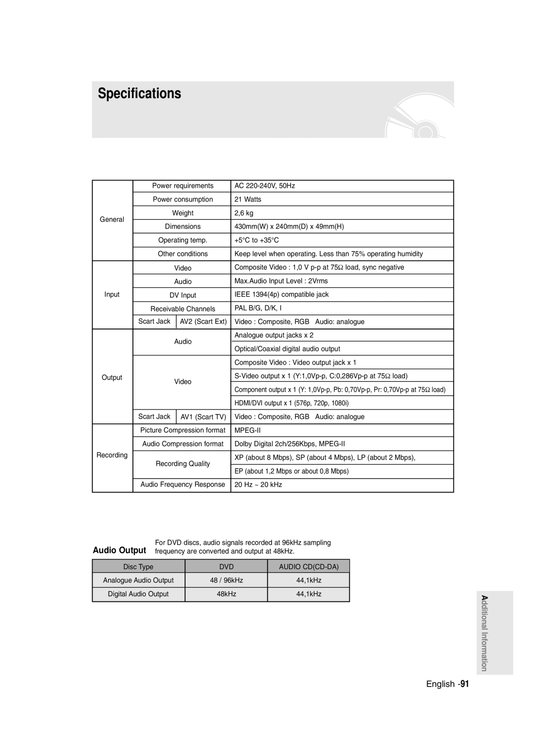 Samsung DVD-R135/EUR, DVD-R135/XEB, DVD-R135/XEH manual Specifications 