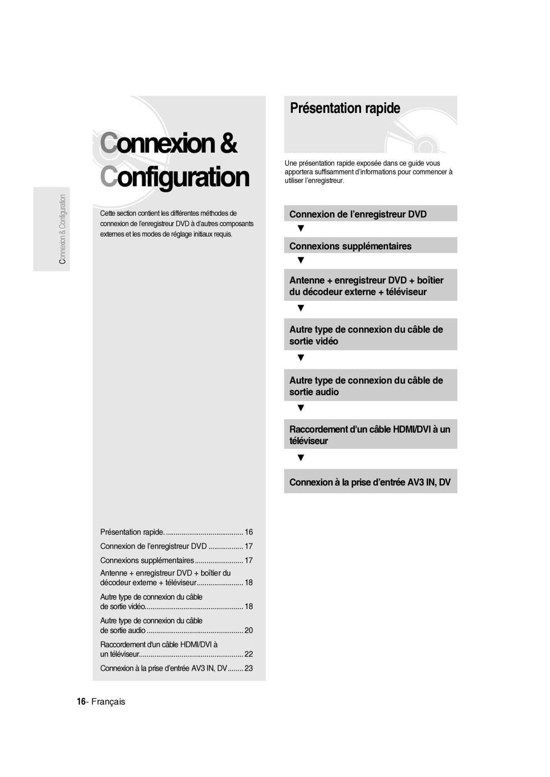 Samsung DVD-R135/XEF, DVD-R136/XEF manual Présentation rapide, Connexion de l’enregistreur DVD Connexions supplémentaires 