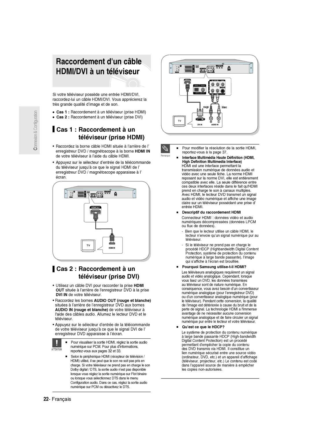 Samsung DVD-R135/XEF manual Cas 1 Raccordement à un téléviseur prise Hdmi, Cas 2 Raccordement à un téléviseur prise DVI 