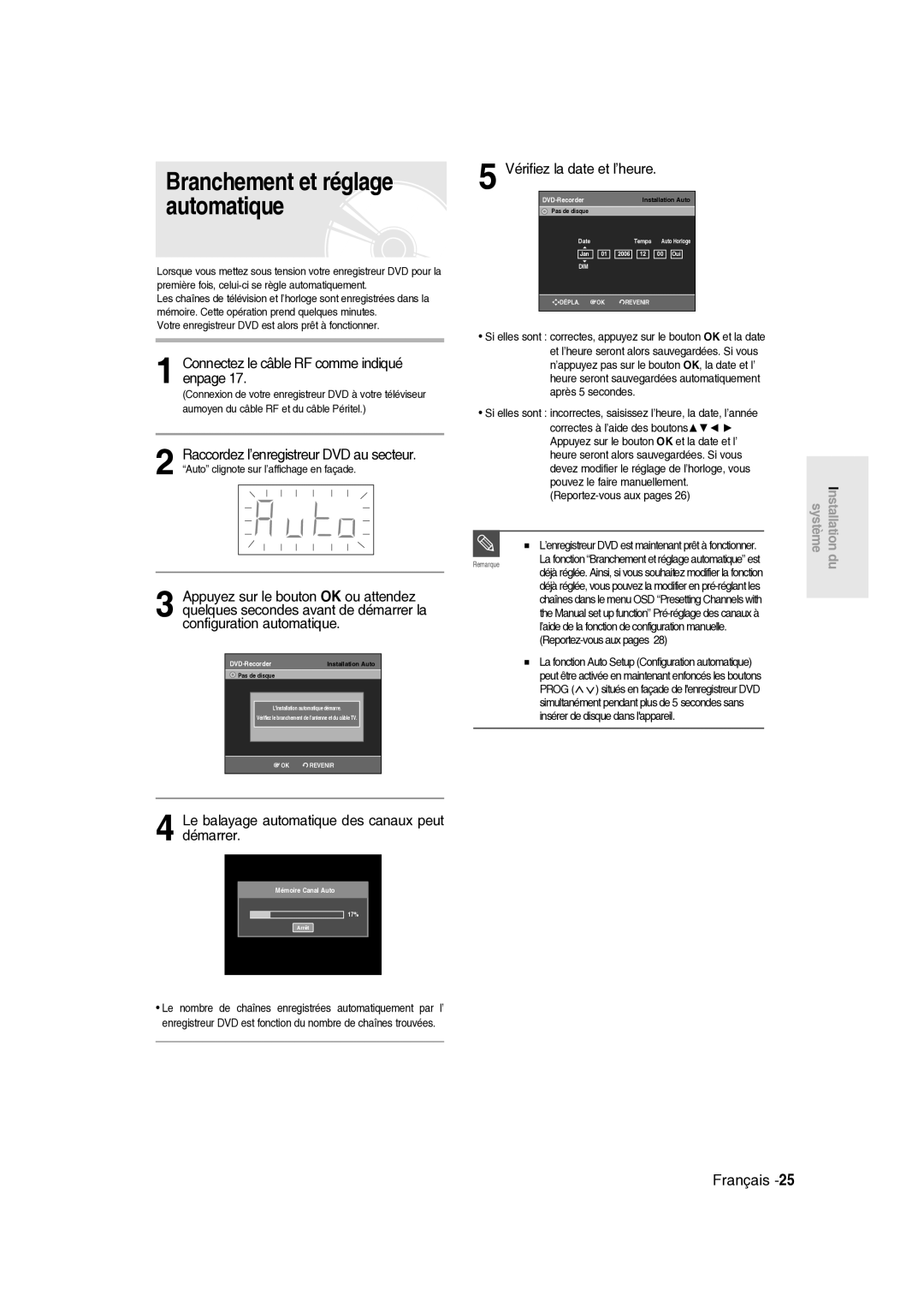 Samsung DVD-R136/XEF, DVD-R135/XEF manual Branchement et réglage automatique, Connectez le câble RF comme indiqué enpage 