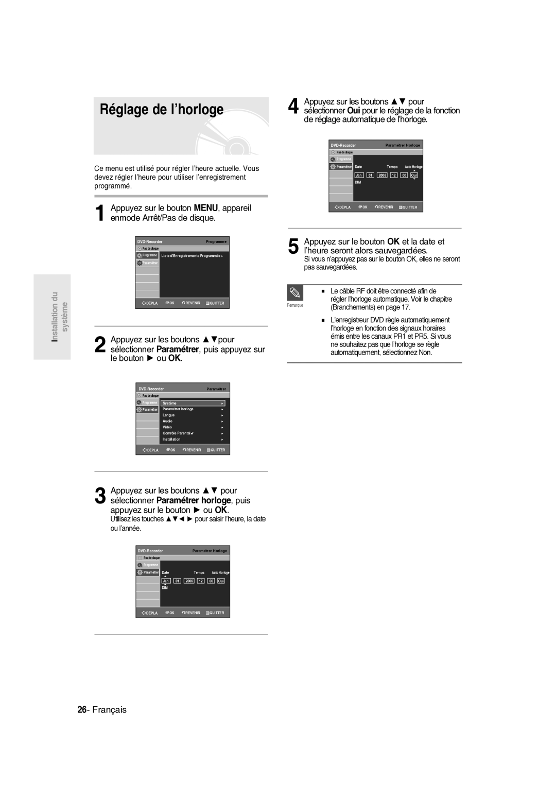 Samsung DVD-R135/XEF, DVD-R136/XEF manual Réglage de l’horloge, Utilisez les touches pour saisir l’heure, la date ou l’année 