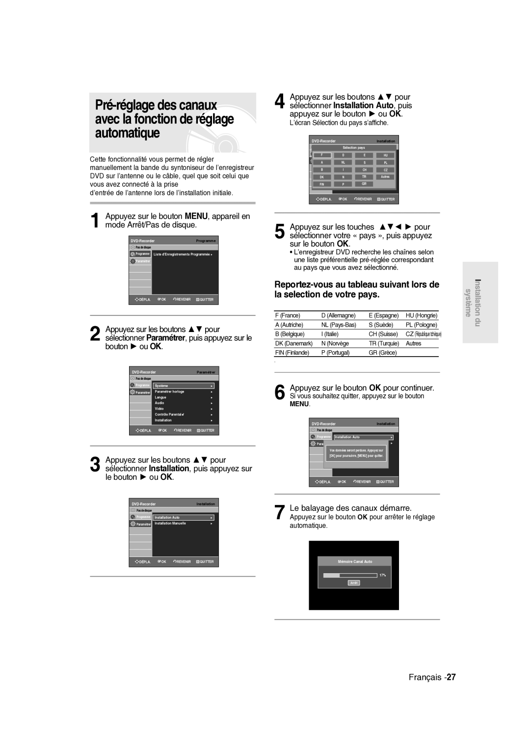 Samsung DVD-R136/XEF, DVD-R135/XEF manual La selection de votre pays, Reportez-vous au tableau suivant lors de 