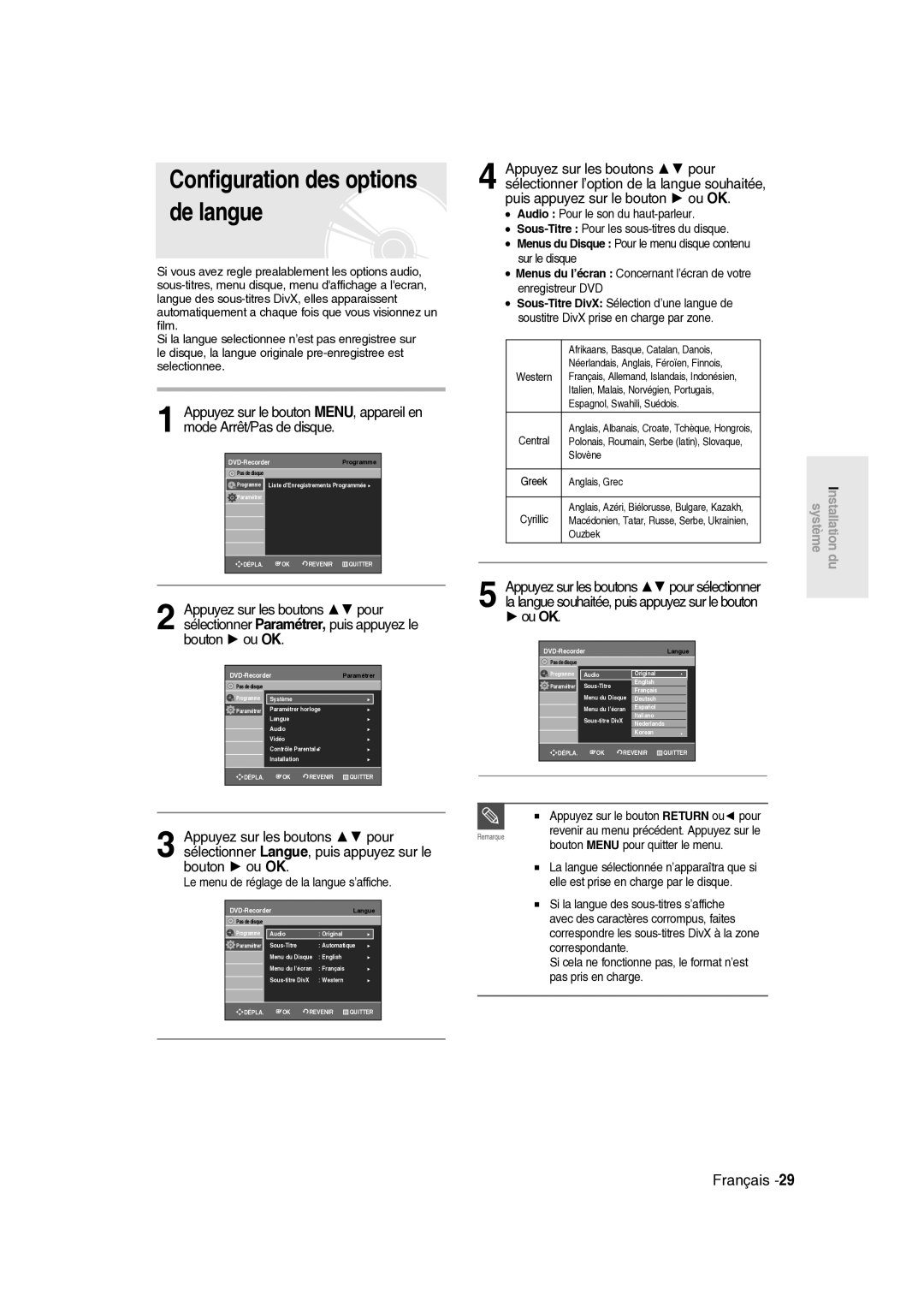 Samsung DVD-R136/XEF, DVD-R135/XEF manual Configuration des options de langue, Le menu de réglage de la langue s’affiche 