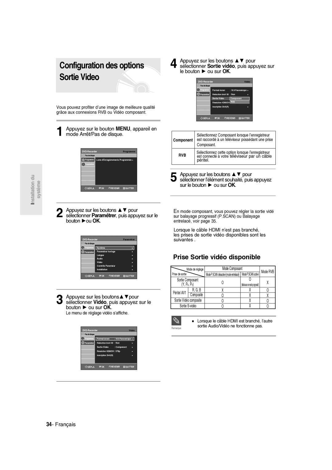 Samsung DVD-R135/XEF manual Prise Sortie vidéo disponible, Le menu de réglage vidéo s’affiche, Péritel, Mode Composant 