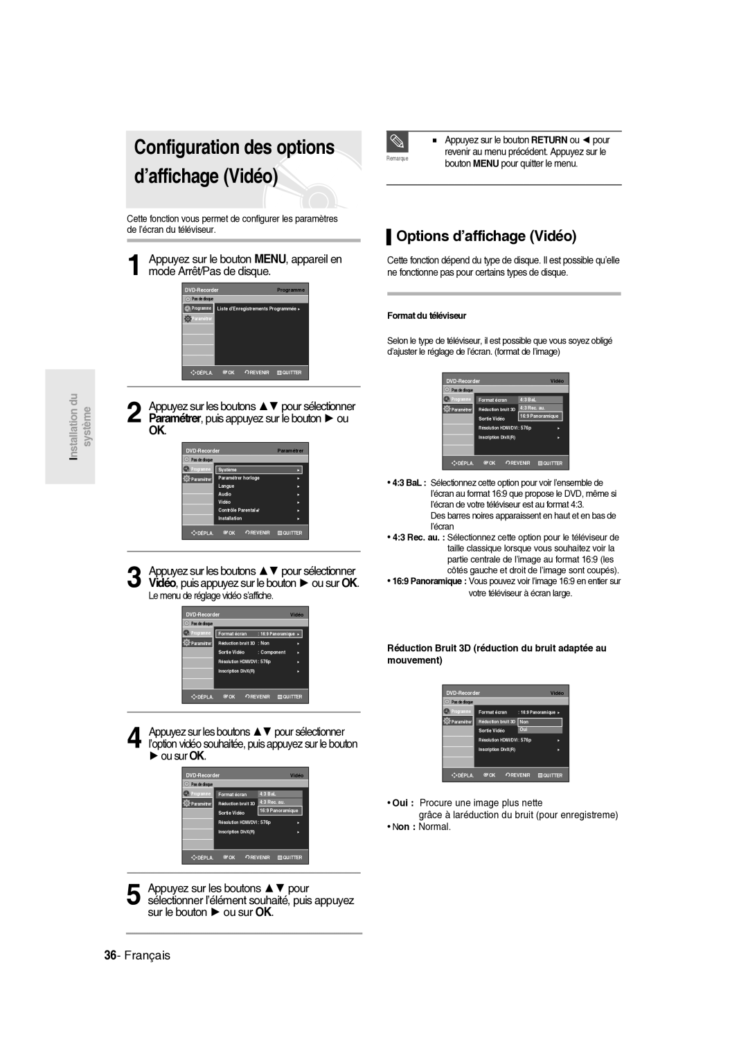 Samsung DVD-R135/XEF, DVD-R136/XEF manual Options d’affichage Vidéo, Ou sur OK, Format du téléviseur 