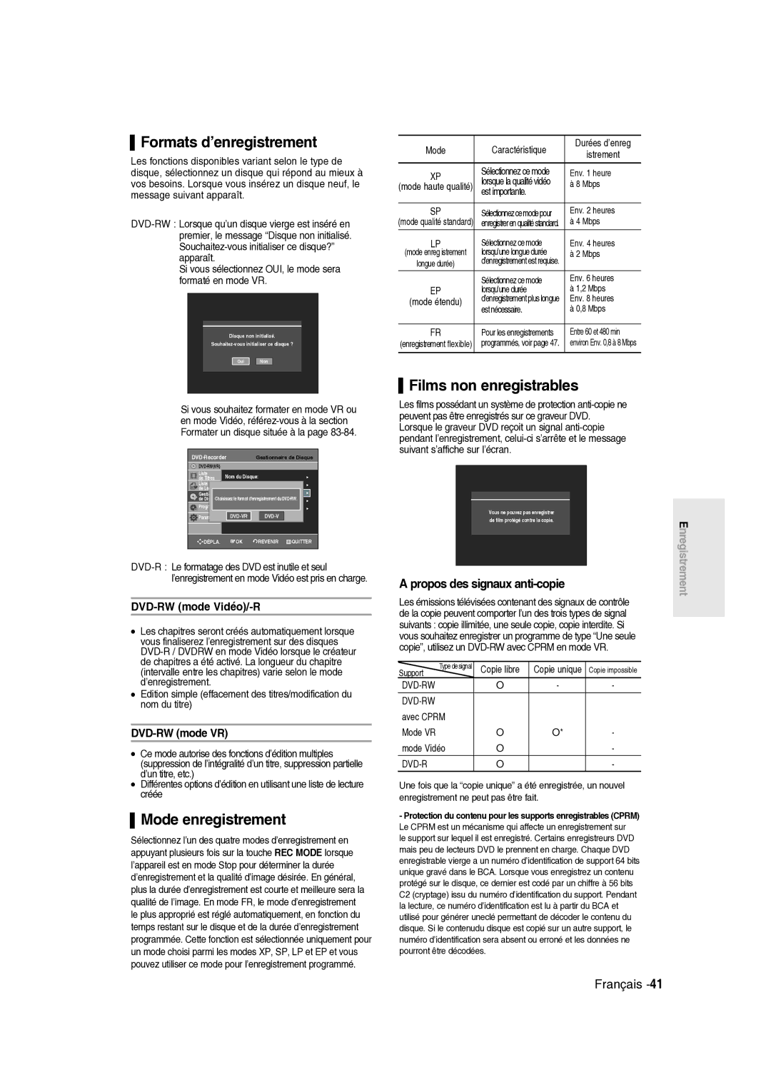 Samsung DVD-R136/XEF, DVD-R135/XEF manual Formats d’enregistrement, Mode enregistrement, Films non enregistrables 