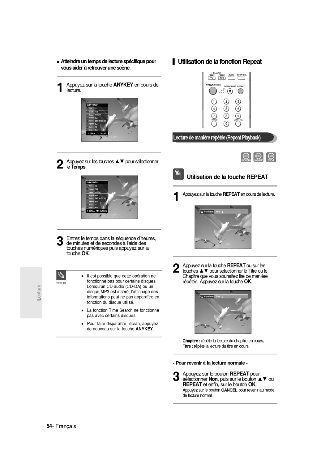 Samsung DVD-R135/XEF, DVD-R136/XEF manual Utilisation de la fonction Repeat, Lecture de manière répétée Repeat Playback 