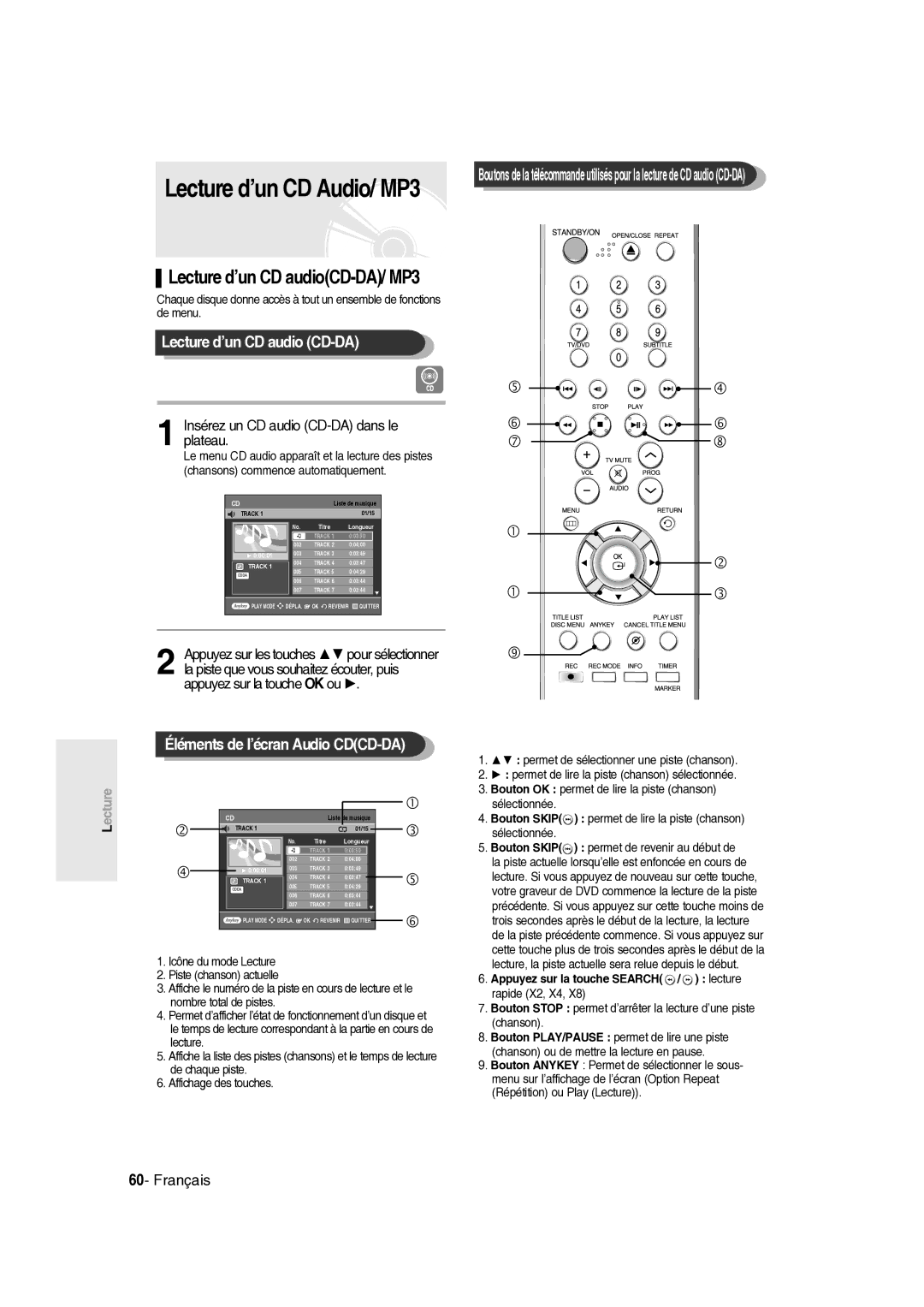 Samsung DVD-R135/XEF, DVD-R136/XEF manual Lecture d’un CD audio CD-DA, Éléments de l’écran Audio CDCD-DA 