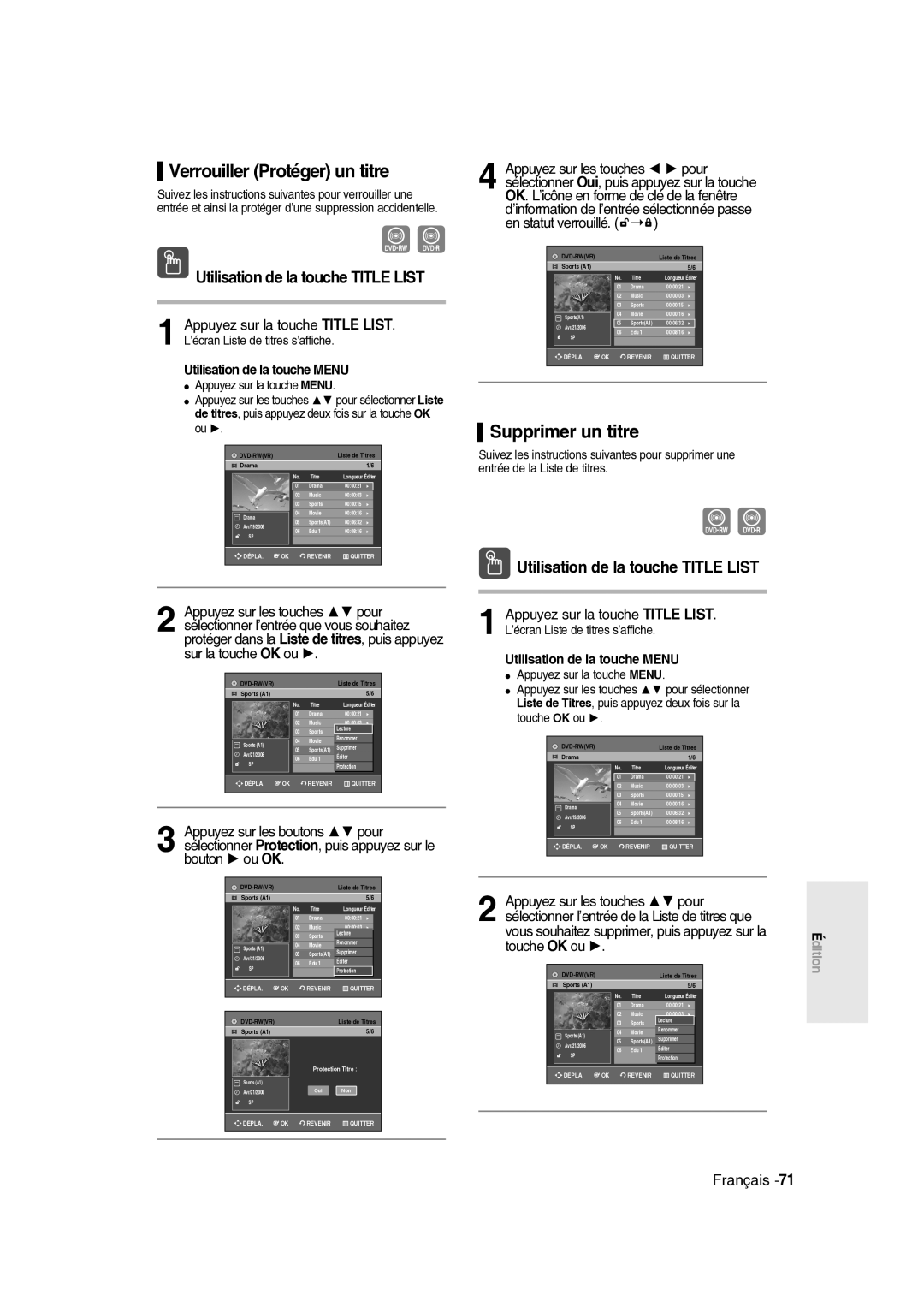 Samsung DVD-R136/XEF manual Verrouiller Protéger un titre, Supprimer un titre, Appuyez sur la touche Menu, Touche OK ou 