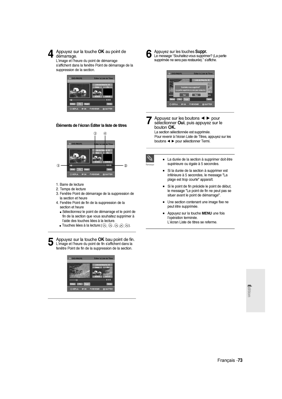 Samsung DVD-R136/XEF manual Appuyez sur la touche OK au point de démarrage, Éléments de l’écran Éditer la liste de titres 