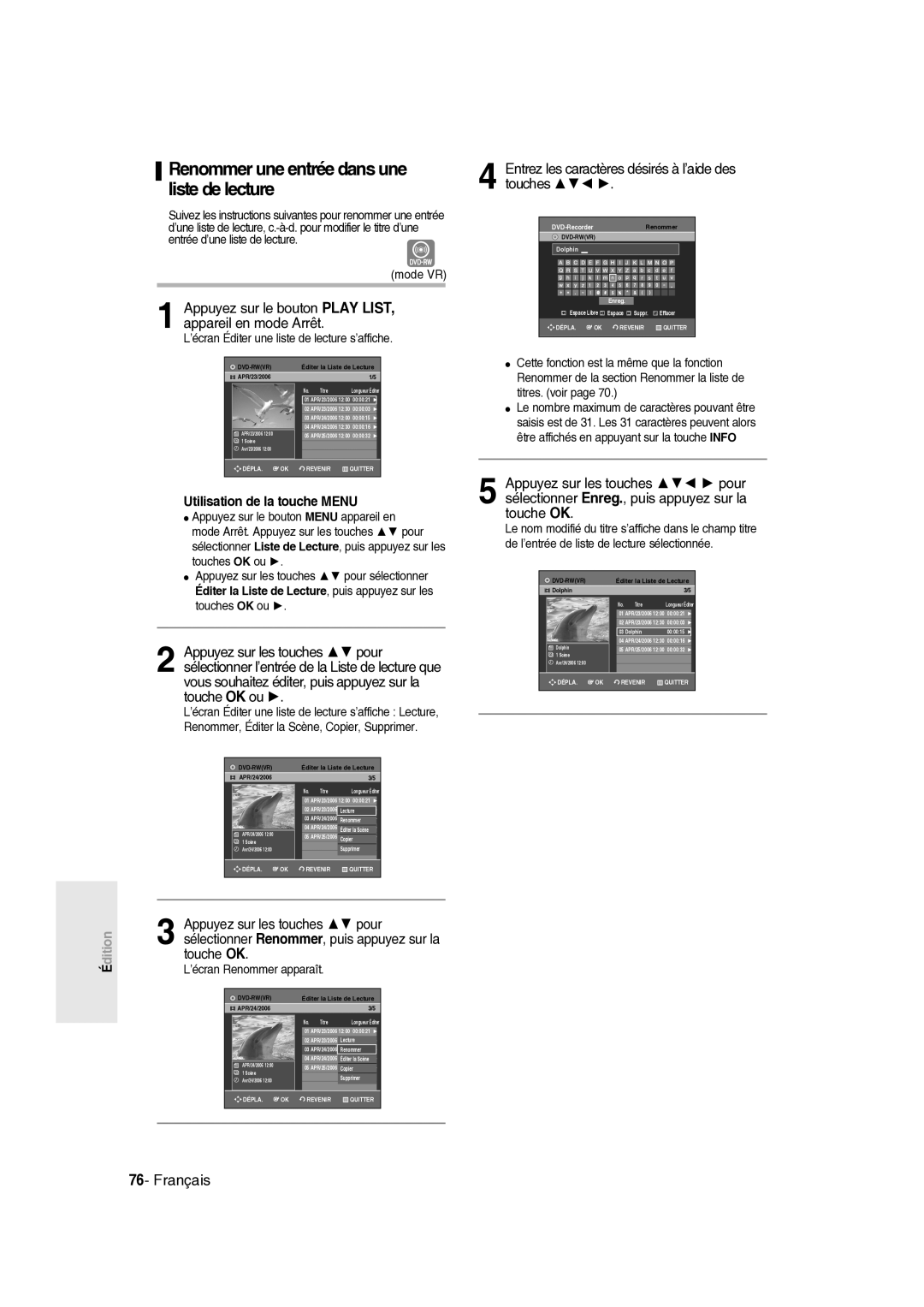 Samsung DVD-R135/XEF Renommer une entrée dans une liste de lecture, Entrez les caractères désirés à l’aide des touches 