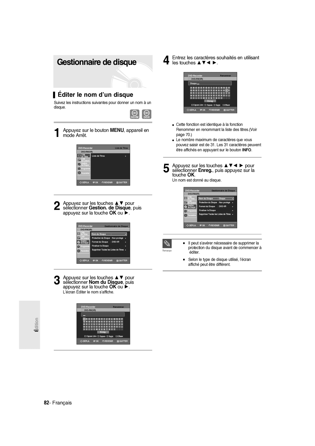 Samsung DVD-R135/XEF Gestionnaire de disque, Éditer le nom d’un disque, Appuyez sur le bouton MENU, appareil en mode Arrêt 