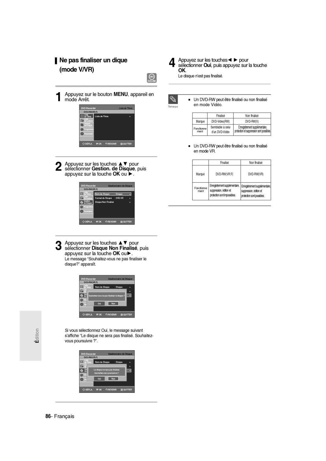 Samsung DVD-R135/XEF manual Ne pas finaliser un dique mode V/VR, Le disque n’est pas finalisé, En mode Vidéo, En mode VR 