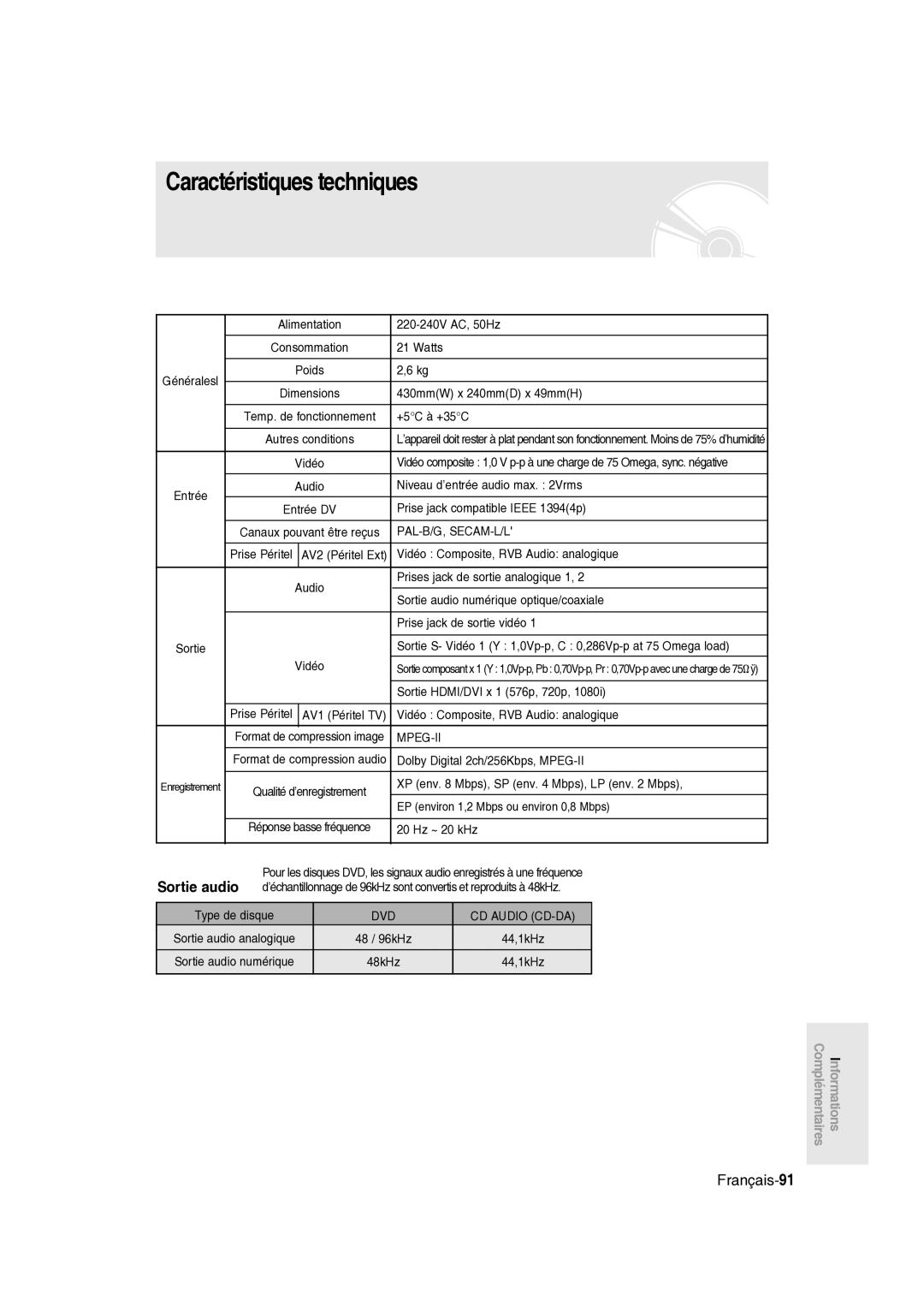 Samsung DVD-R136/XEF, DVD-R135/XEF manual Caractéristiques techniques, Français-91, Sortie audio 