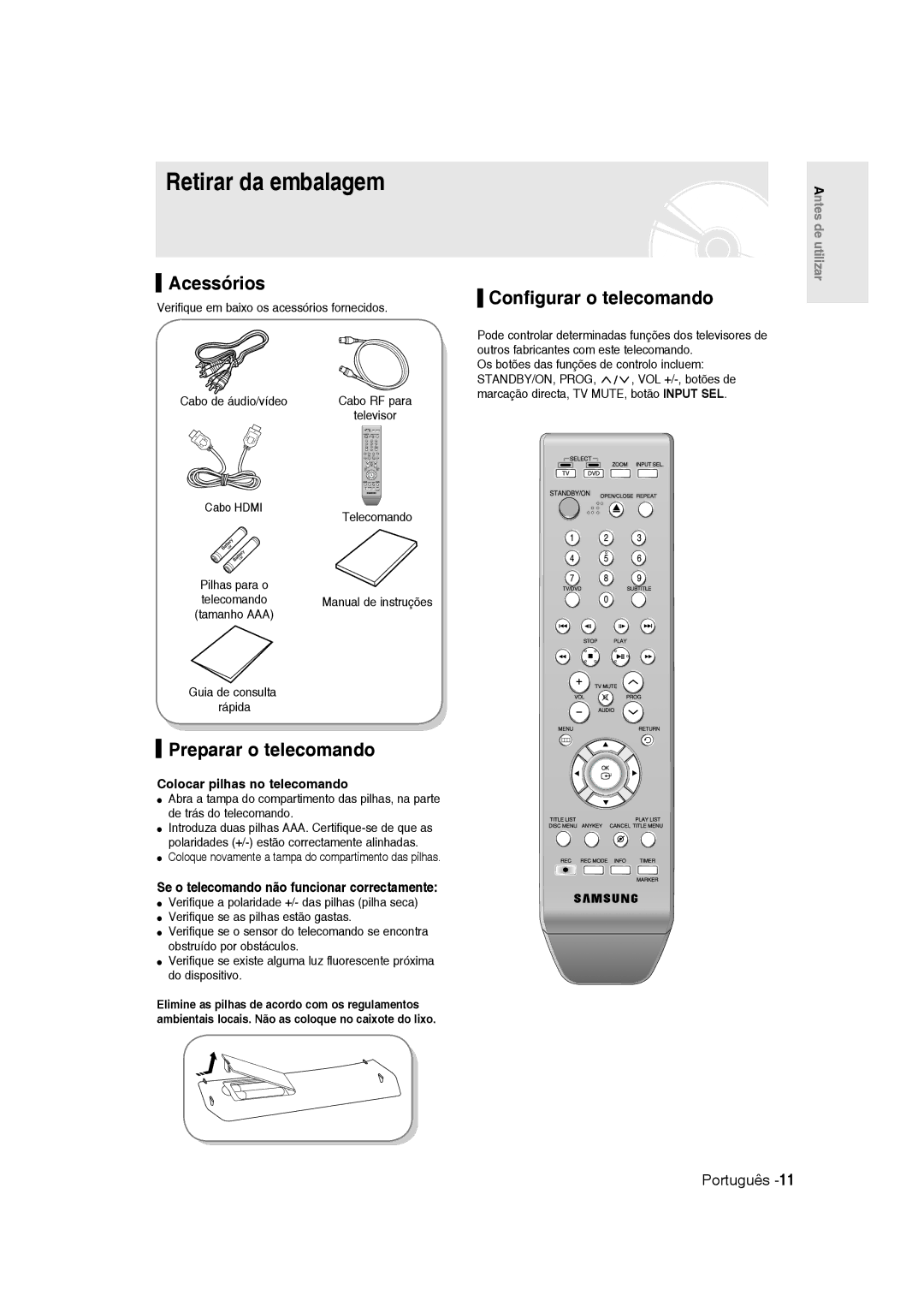 Samsung DVD-R135/XEU, DVD-R135/XEG manual Retirar da embalagem, Acessórios, Preparar o telecomando, Configurar o telecomando 