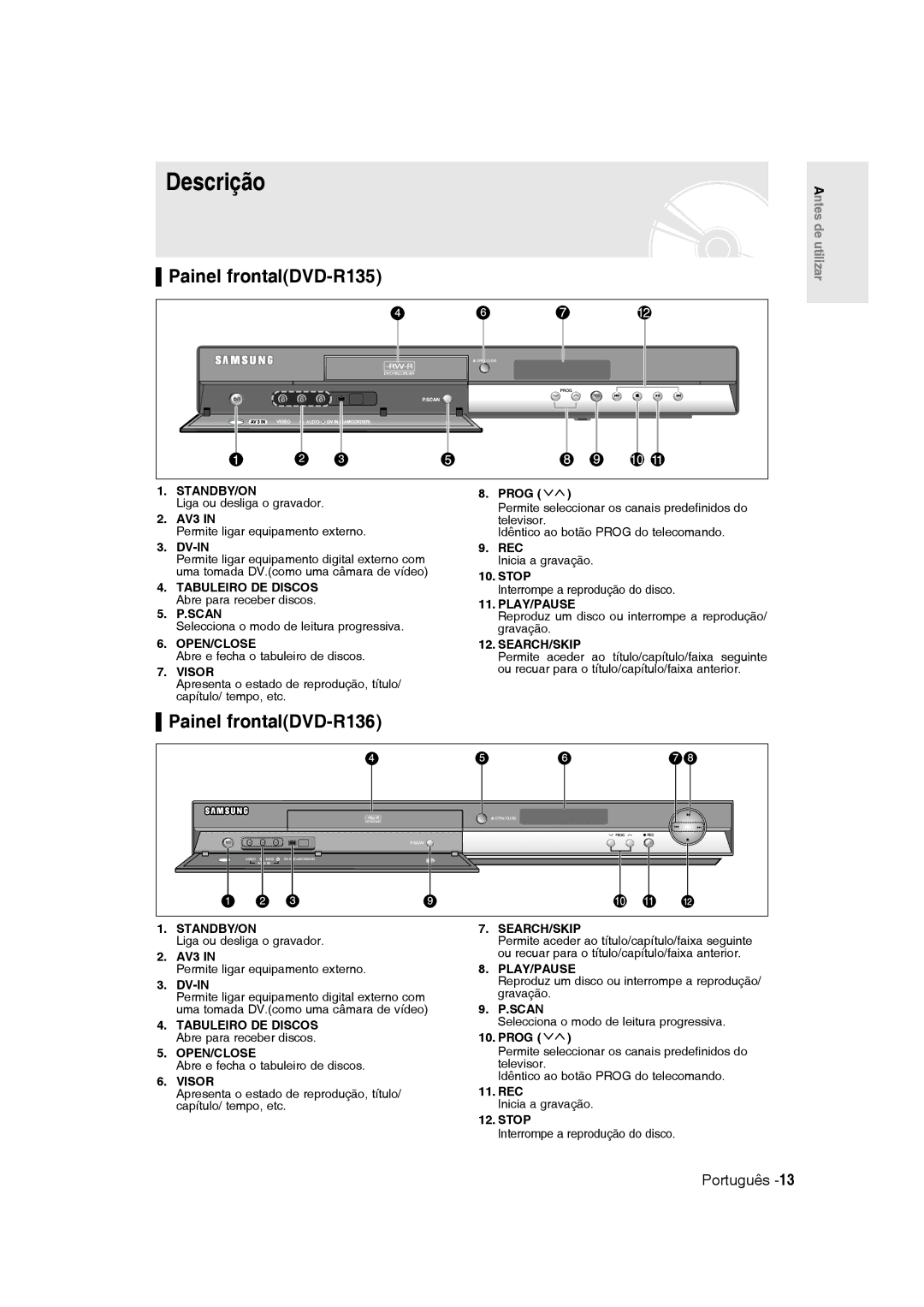 Samsung DVD-R135/XEG, DVD-R135/XEB, DVD-R135/XEF, DVD-R135/EUR Descrição, Painel frontalDVD-R135, Painel frontalDVD-R136 