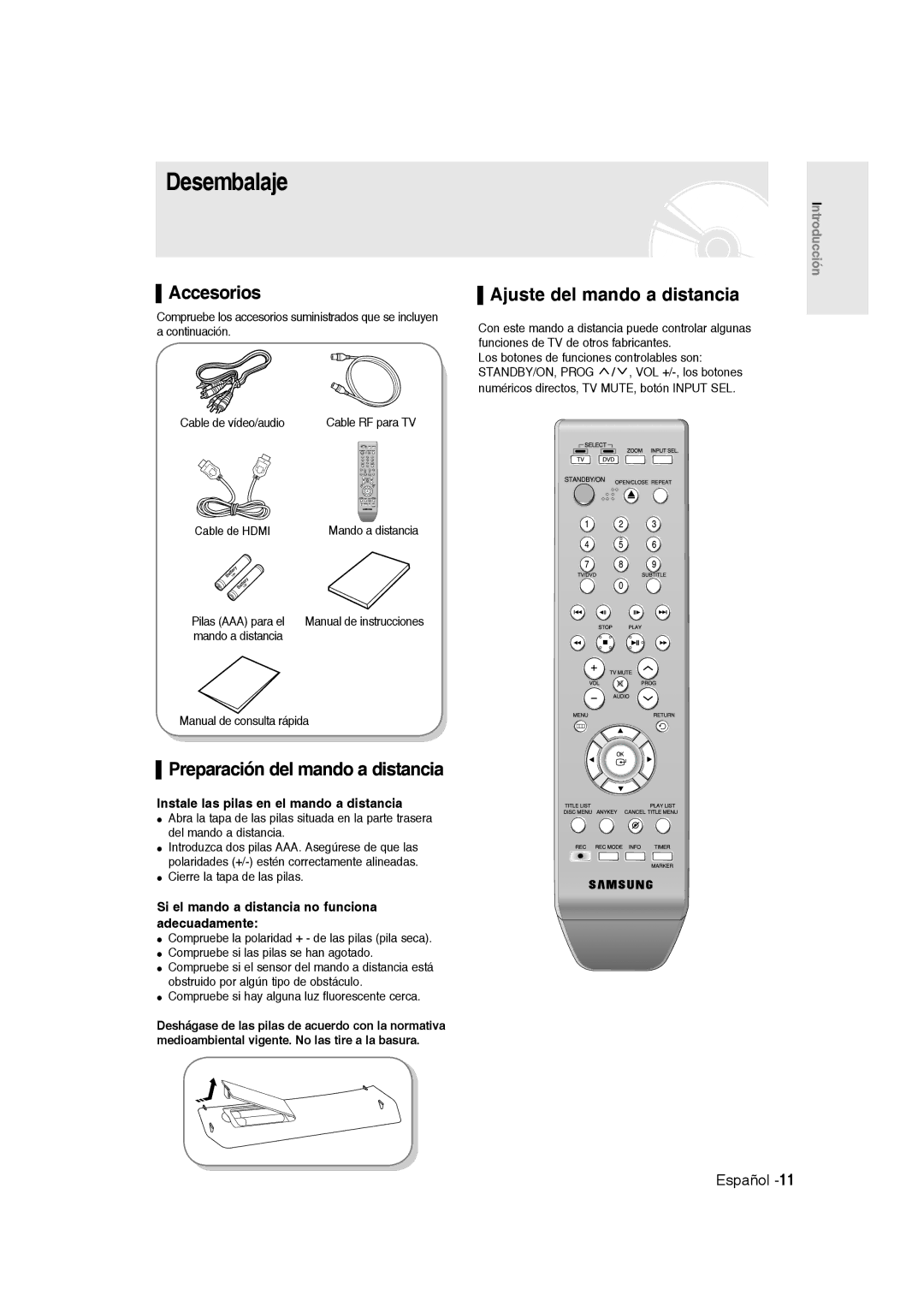 Samsung DVD-R135/XEF manual Desembalaje, Accesorios, Preparación del mando a distancia, Ajuste del mando a distancia 