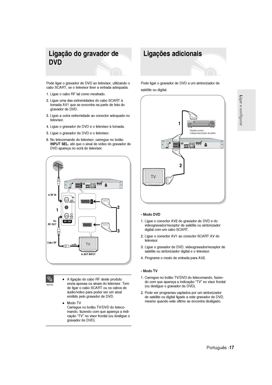 Samsung DVD-R135/XEE, DVD-R135/XEG, DVD-R135/XEB, DVD-R135/XEF, DVD-R135/EUR manual Ligação do gravador de, Ligações adicionais 