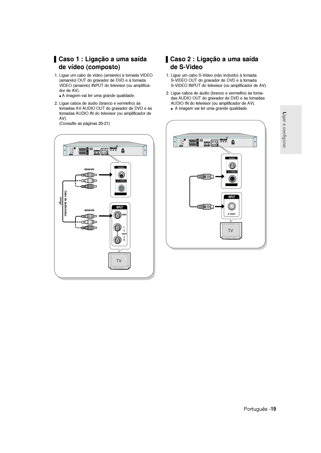 Samsung DVD-R135/XEO, DVD-R135/XEG Caso 1 Ligação a uma saída de vídeo composto, Caso 2 Ligação a uma saída de S-Video 