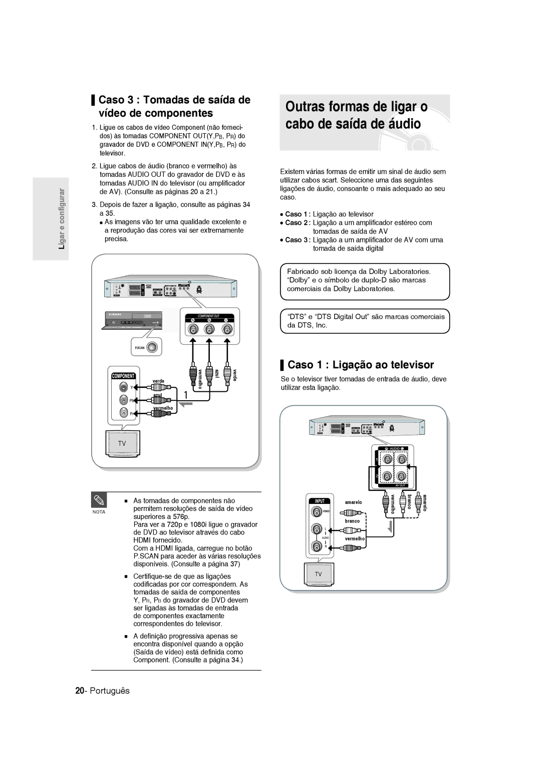 Samsung DVD-R135/XEU Outras formas de ligar o cabo de saída de áudio, Caso 3 Tomadas de saída de vídeo de componentes 