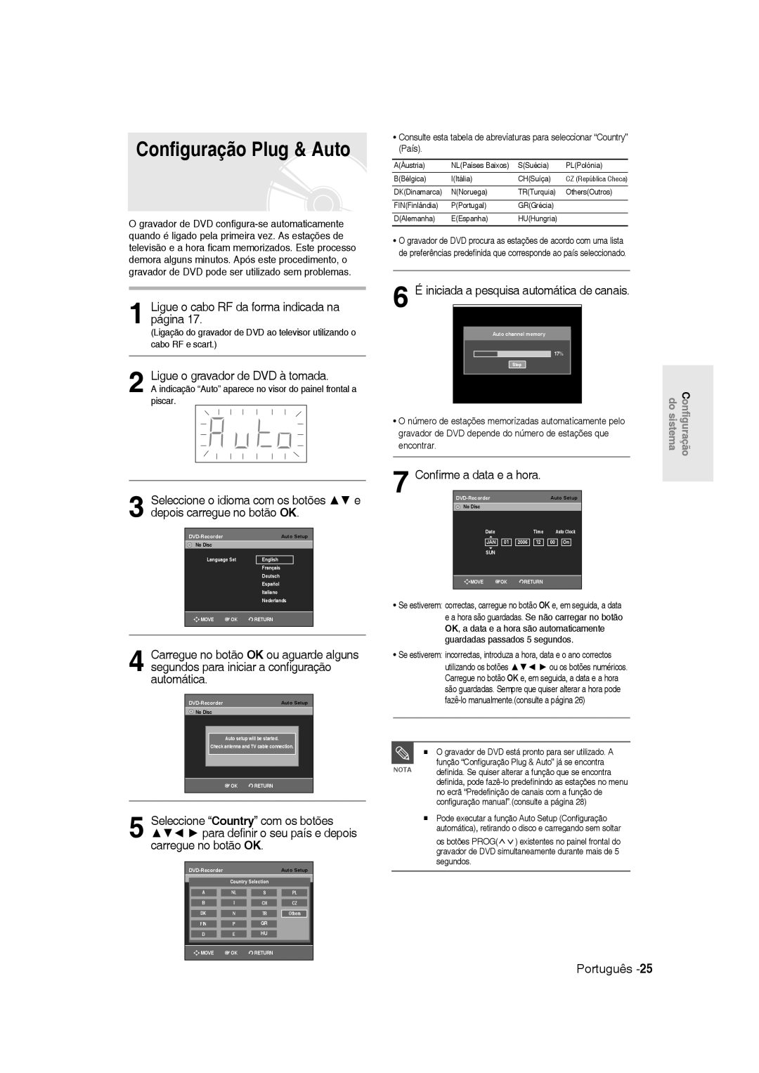 Samsung DVD-R135/EUR manual Configuração Plug & Auto, Ligue o cabo RF da forma indicada na página, Confirme a data e a hora 