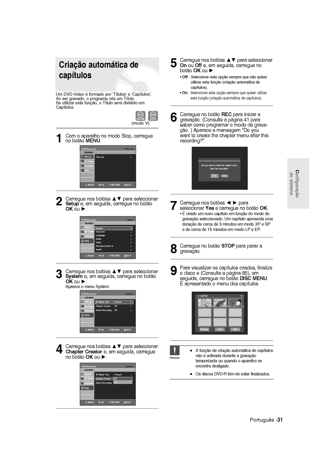 Samsung DVD-R135/XEG, DVD-R135/XEB Criação automática de capítulos, Com o aparelho no modo Stop, carregue no botão Menu 