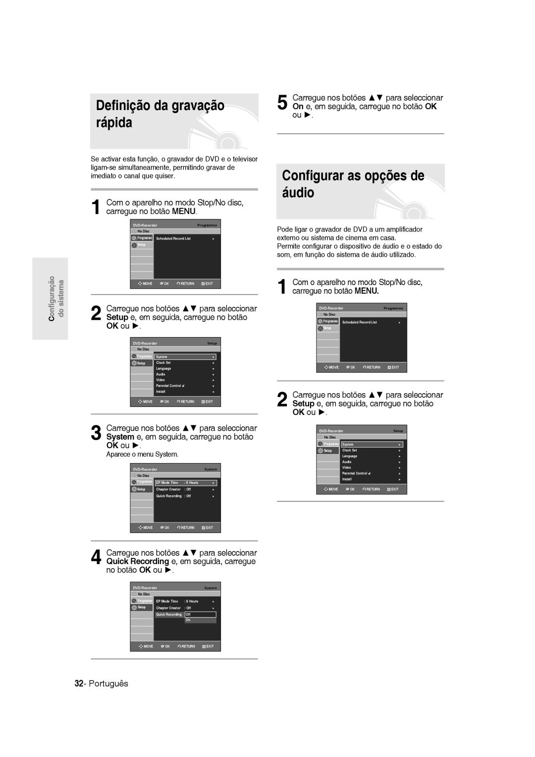 Samsung DVD-R135/XEB, DVD-R135/XEG, DVD-R135/XEF, DVD-R135/EUR Definição da gravação rápida, Configurar as opções de áudio 