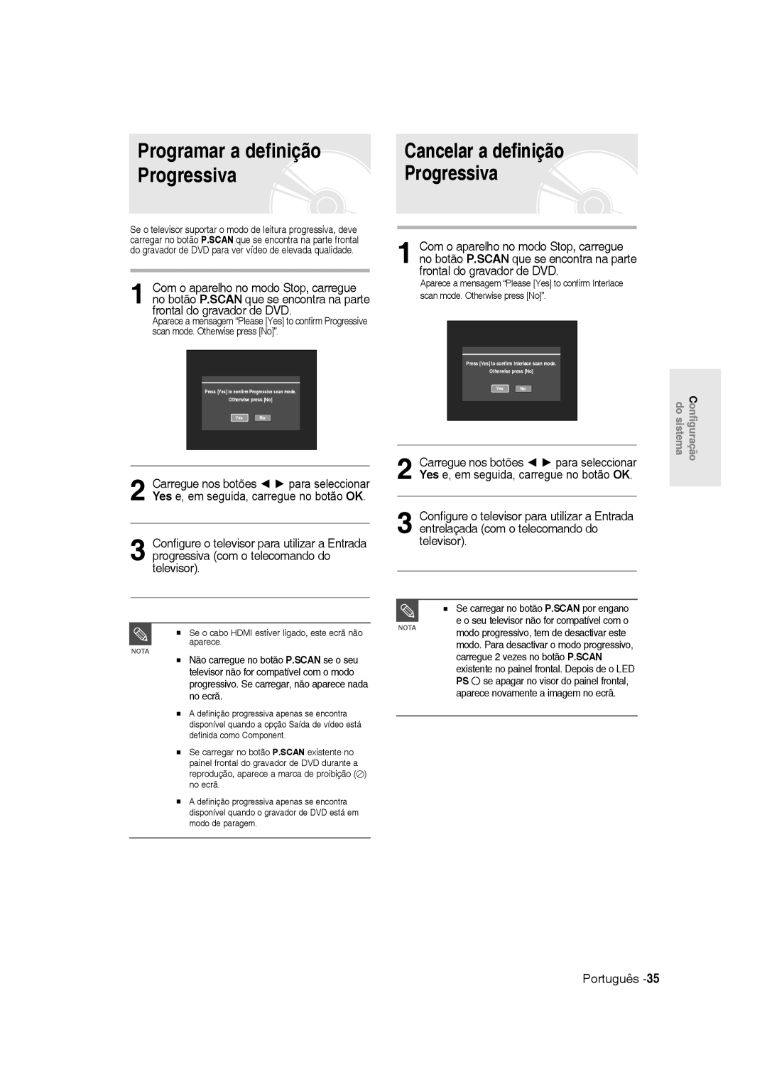 Samsung DVD-R135/XEE, DVD-R135/XEG, DVD-R135/XEB, DVD-R135/XEF manual Programar a definição Cancelar a definição Progressiva 