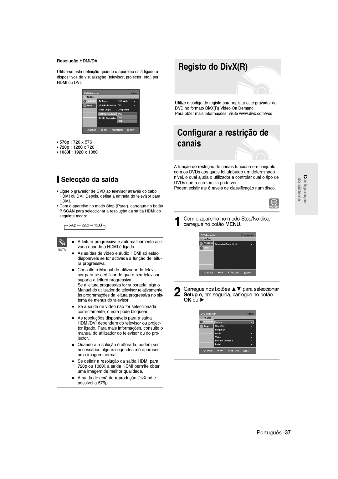 Samsung DVD-R135/XEO manual Registo do DivXR, Configurar a restrição de canais, Selecção da saída, Resolução HDMI/DVI 