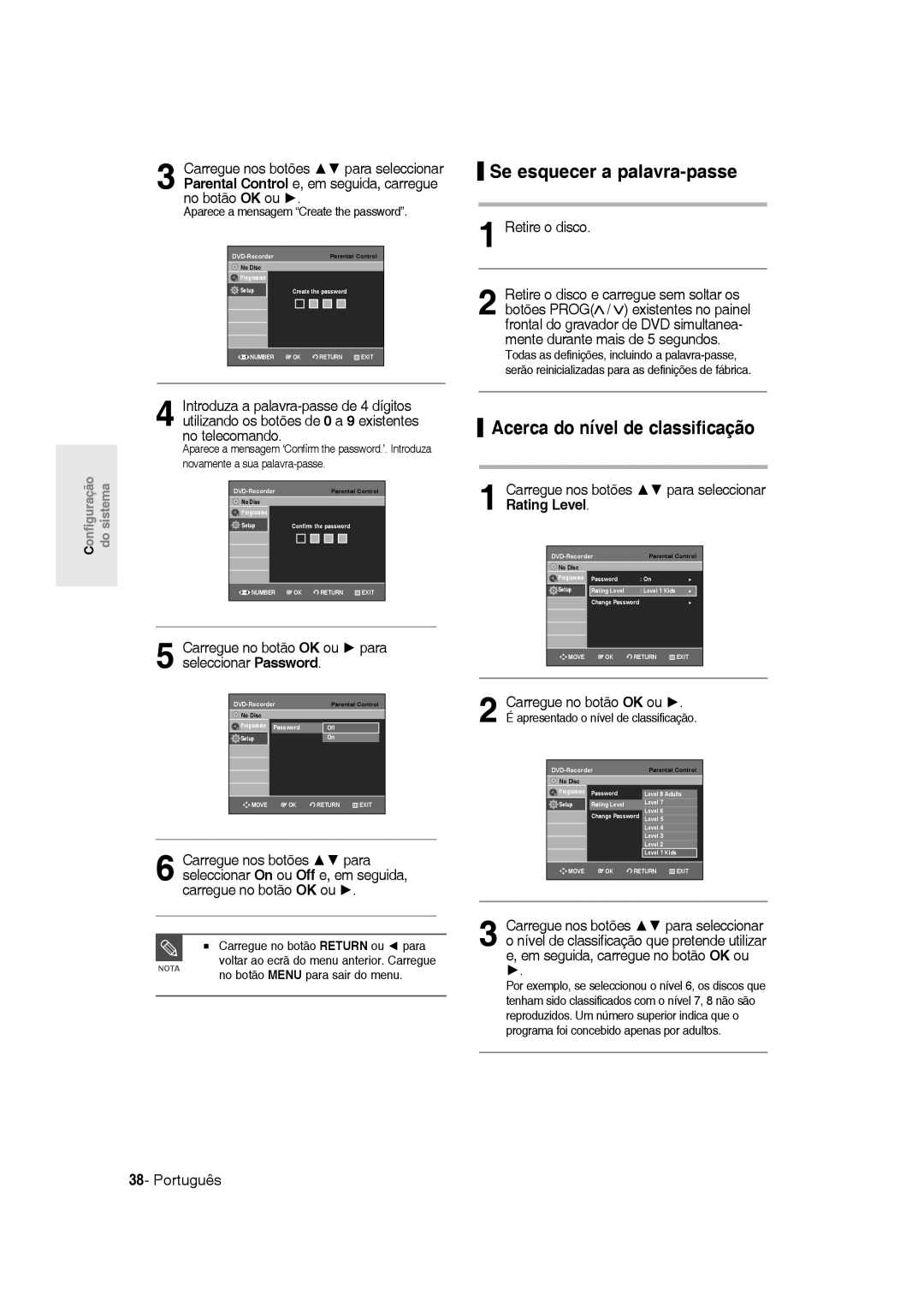 Samsung DVD-R135/XEU, DVD-R135/XEG manual Se esquecer a palavra-passe, Acerca do nível de classificação, Retire o disco 