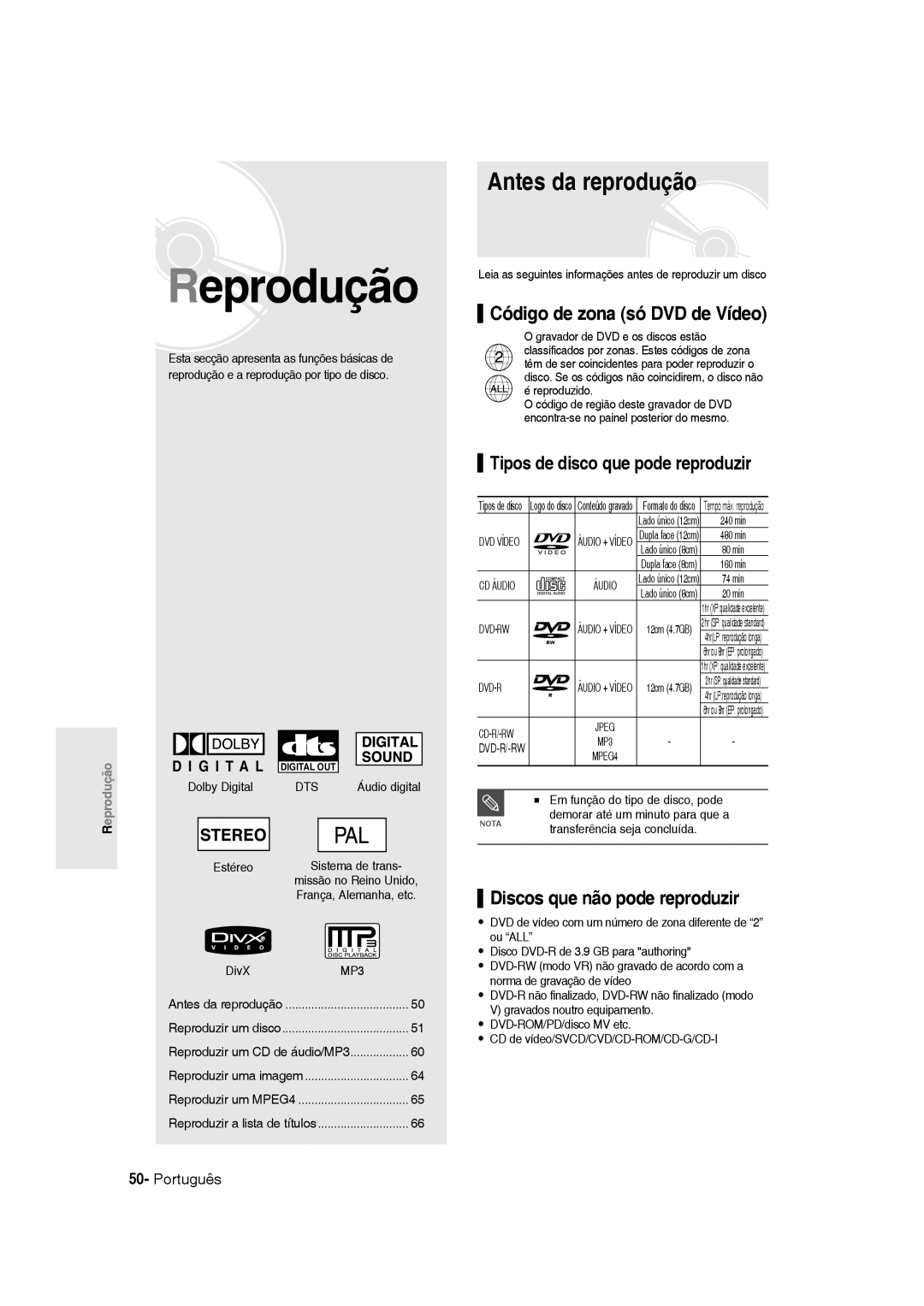 Samsung DVD-R135/XEB, DVD-R135/XEG Antes da reprodução, Código de zona só DVD de Vídeo, Tipos de disco que pode reproduzir 