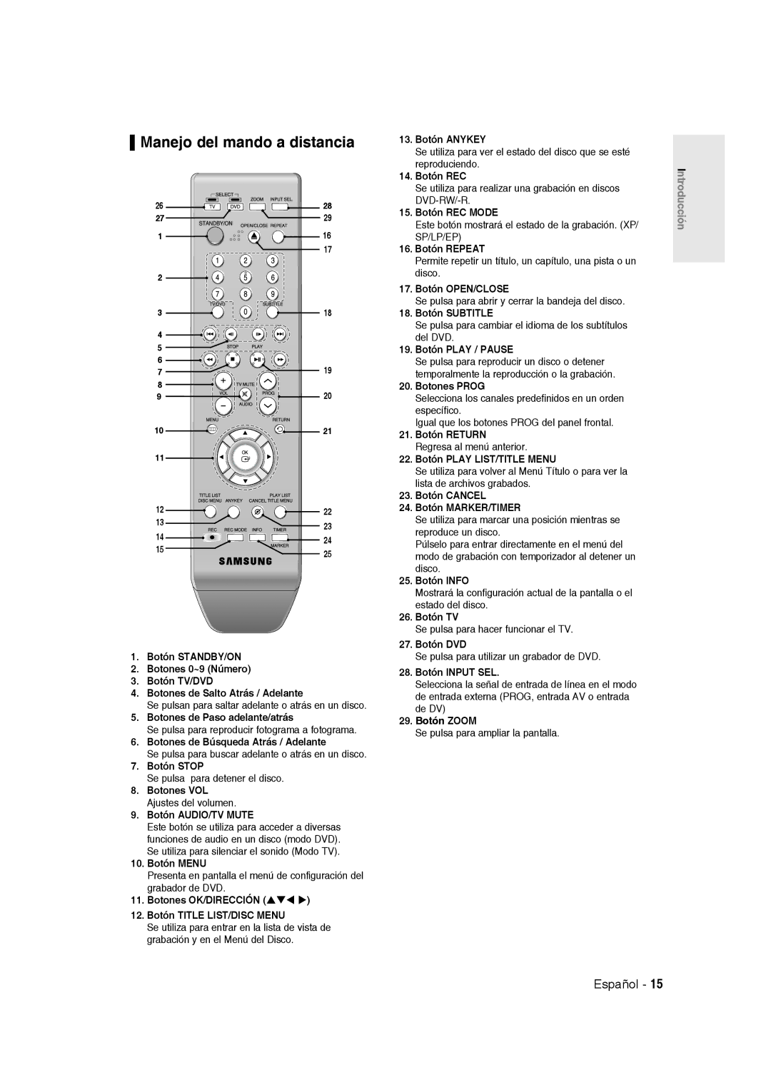 Samsung DVD-R135/XEO, DVD-R135/XEG, DVD-R135/XEB, DVD-R135/XEF, DVD-R135/EUR, DVD-R135/XEE manual Manejo del mando a distancia 