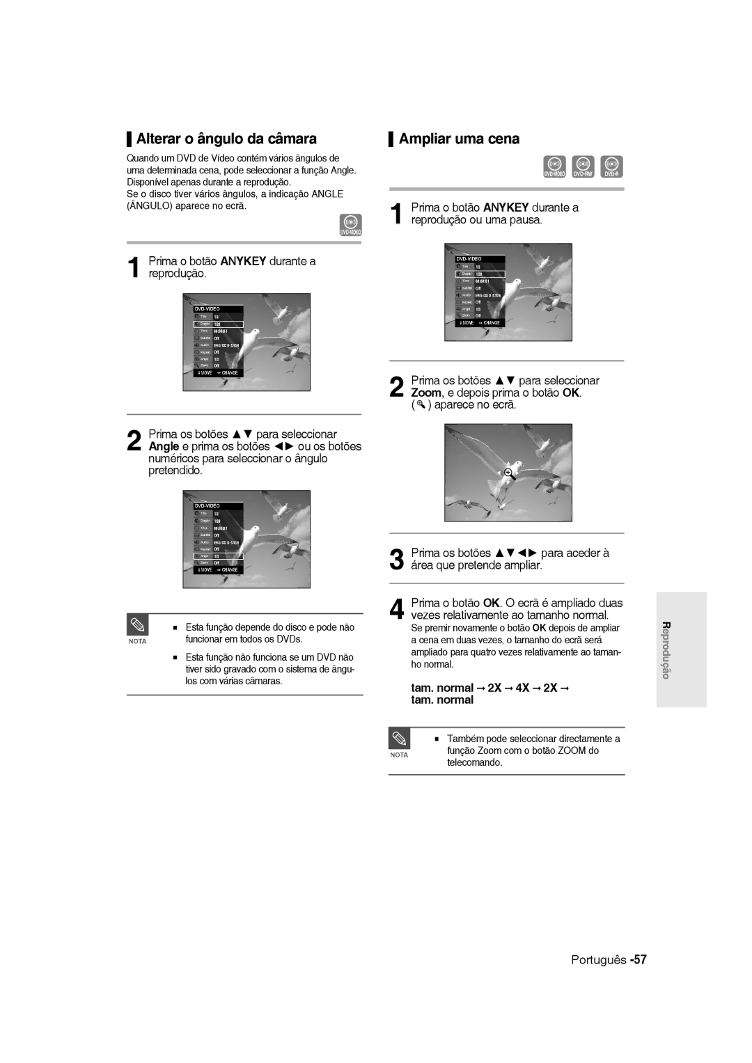 Samsung DVD-R135/XEH, DVD-R135/XEG manual Alterar o ângulo da câmara, Ampliar uma cena, Tam. normal 2X 4X 2X tam. normal 