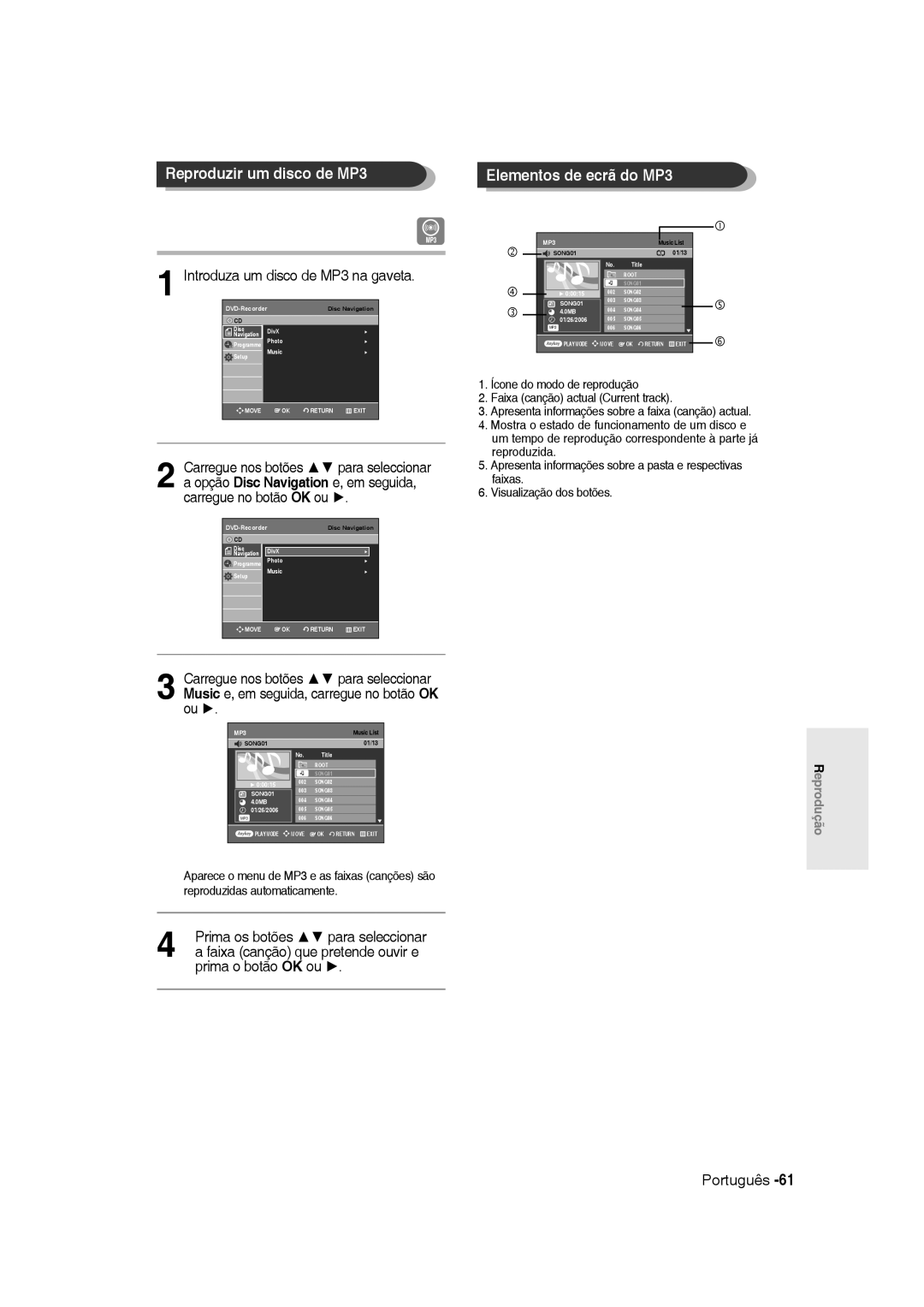 Samsung DVD-R135/EUR manual Reproduzir um disco de MP3, Elementos de ecrã do MP3, Introduza um disco de MP3 na gaveta 