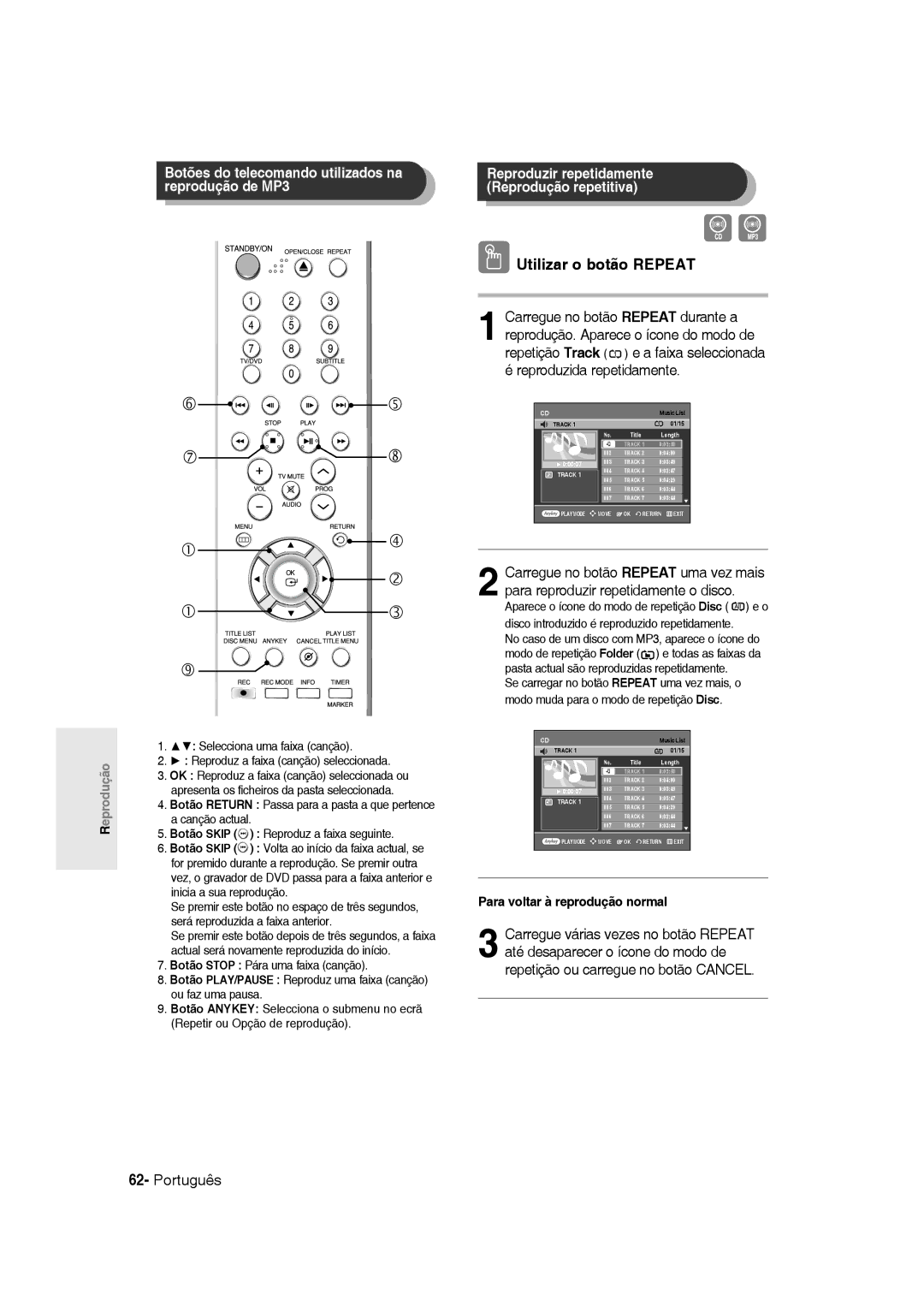 Samsung DVD-R135/XEE, DVD-R135/XEG manual Utilizar o botão Repeat, Botões do telecomando utilizados na, Reprodução de MP3 