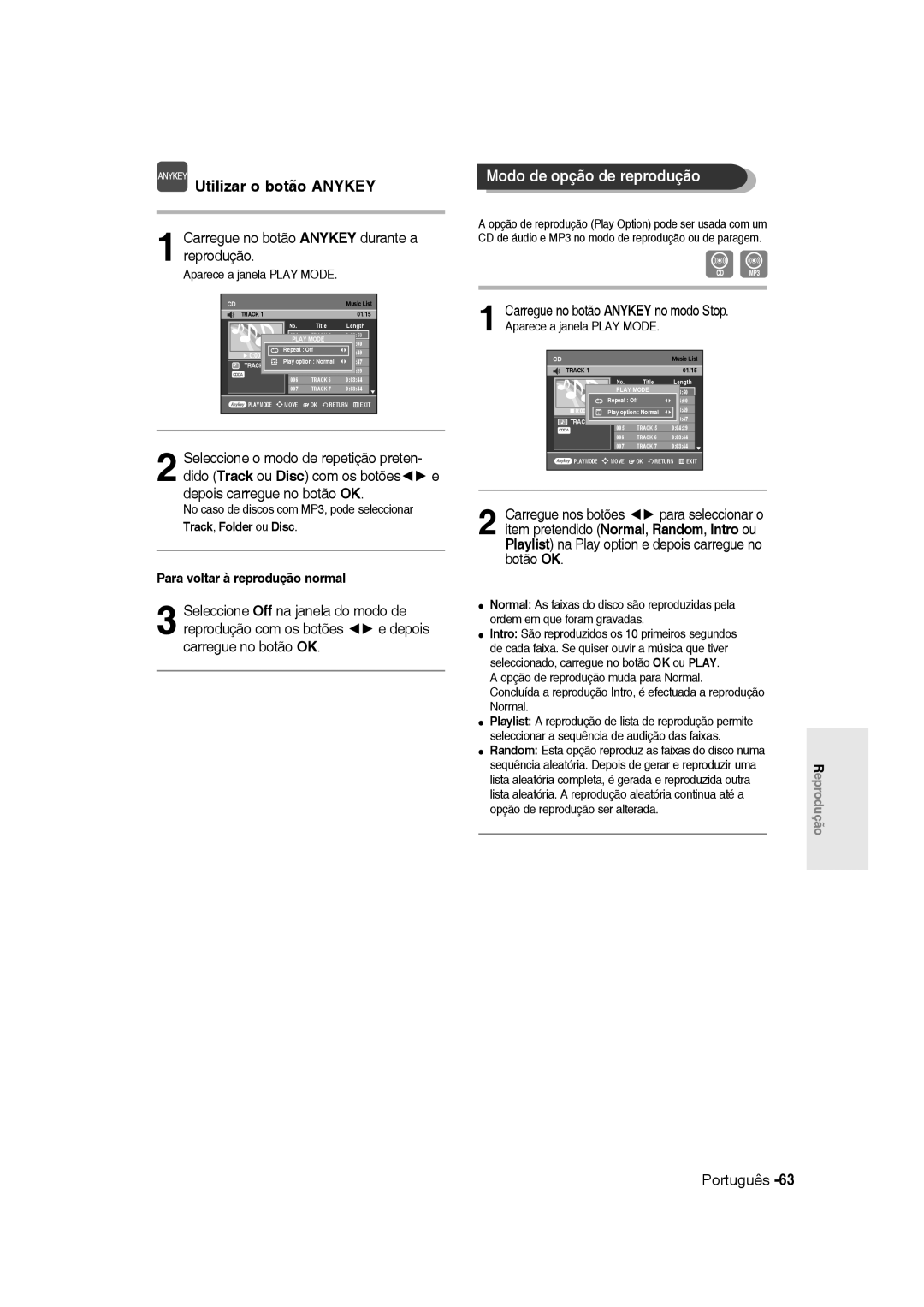 Samsung DVD-R135/XEC Modo de opção de reprodução, Carregue no botão Anykey durante a reprodução, Track, Folder ou Disc 