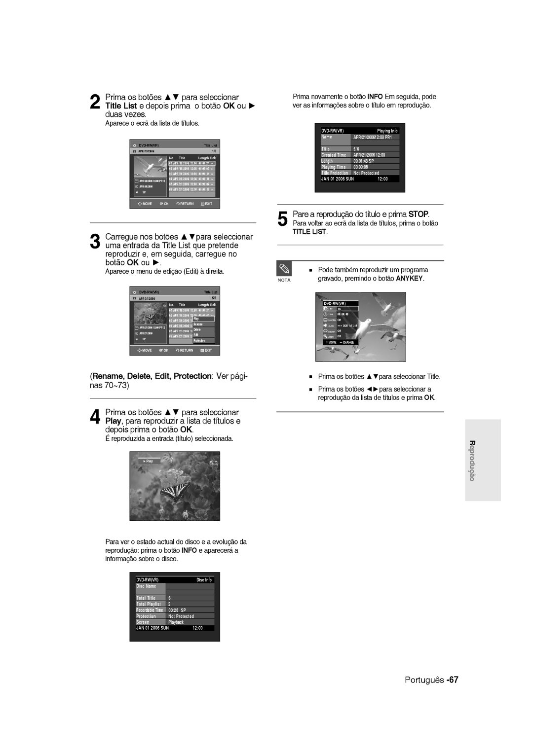 Samsung DVD-R135/XEG manual Rename, Delete, Edit, Protection Ver pági, Nas 70~73, Aparece o ecrã da lista de títulos 