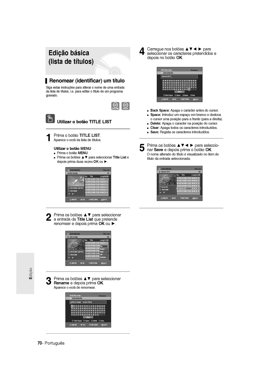 Samsung DVD-R135/EUR, DVD-R135/XEG Edição básica lista de títulos, Renomear identificar um título, Utilizar o botão Menu 