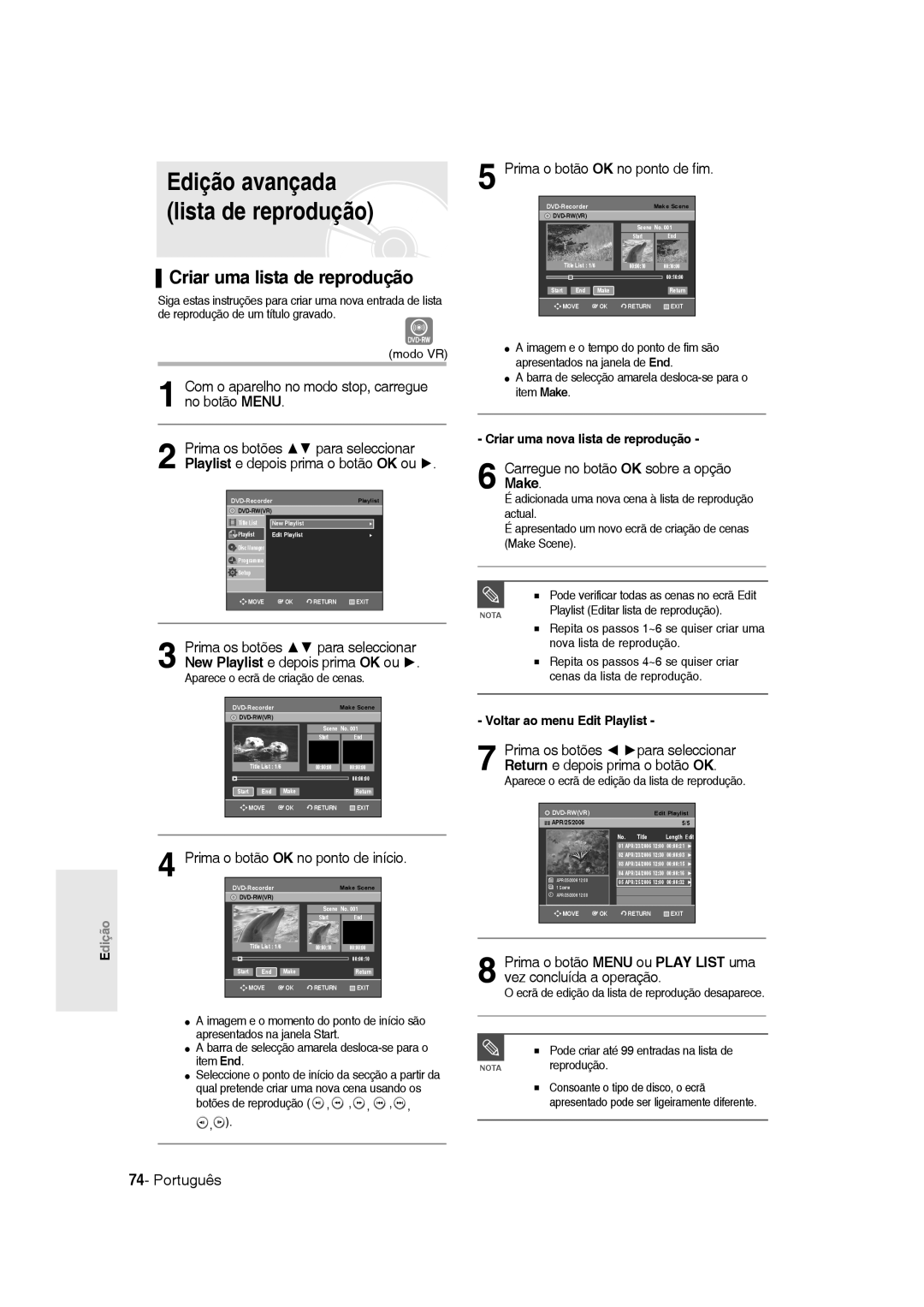 Samsung DVD-R135/XEU Edição avançada lista de reprodução, Criar uma lista de reprodução, Prima o botão OK no ponto de fim 