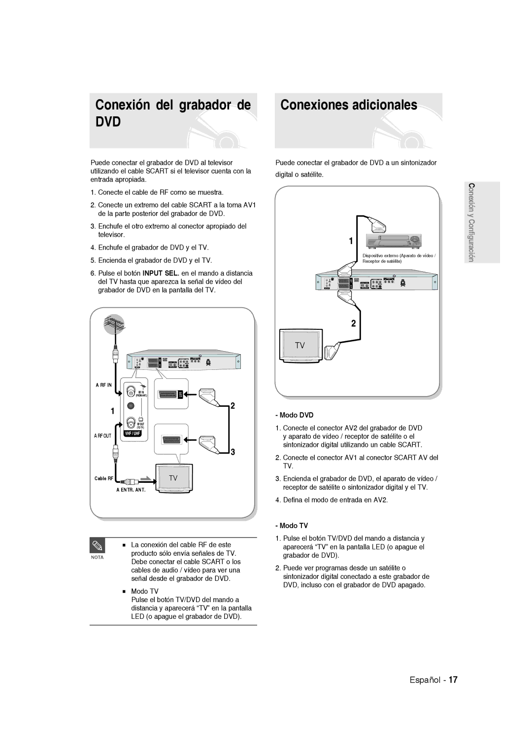 Samsung DVD-R135/XEH, DVD-R135/XEG, DVD-R135/XEB manual Conexión del grabador de, Conexiones adicionales, Modo DVD, Modo TV 