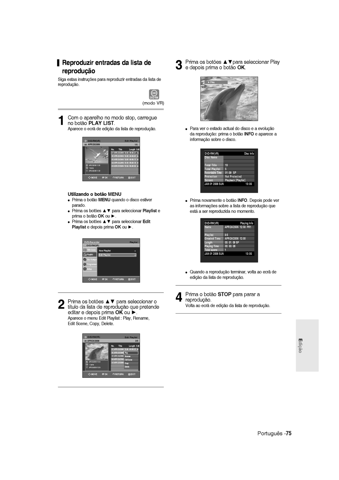 Samsung DVD-R135/XEH, DVD-R135/XEG, DVD-R135/XEB manual Reproduzir entradas da lista de, Reprodução, Depois prima o botão OK 