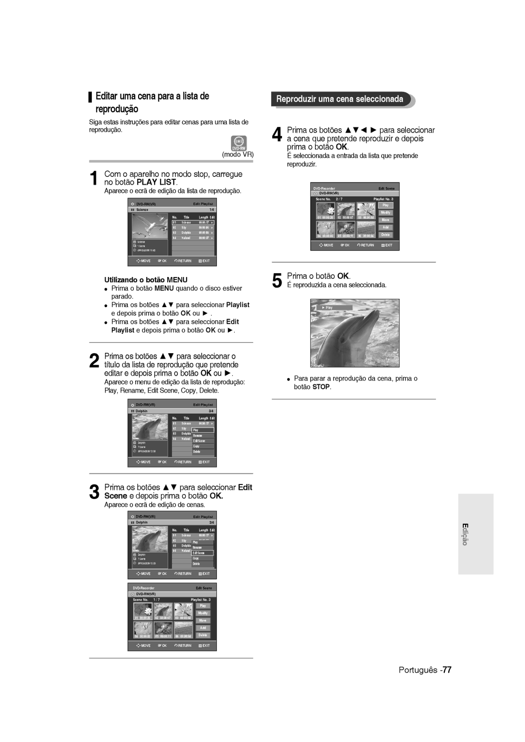 Samsung DVD-R135/XEB, DVD-R135/XEG manual Editar uma cena para a lista de reprodução, Reproduzir uma cena seleccionada 