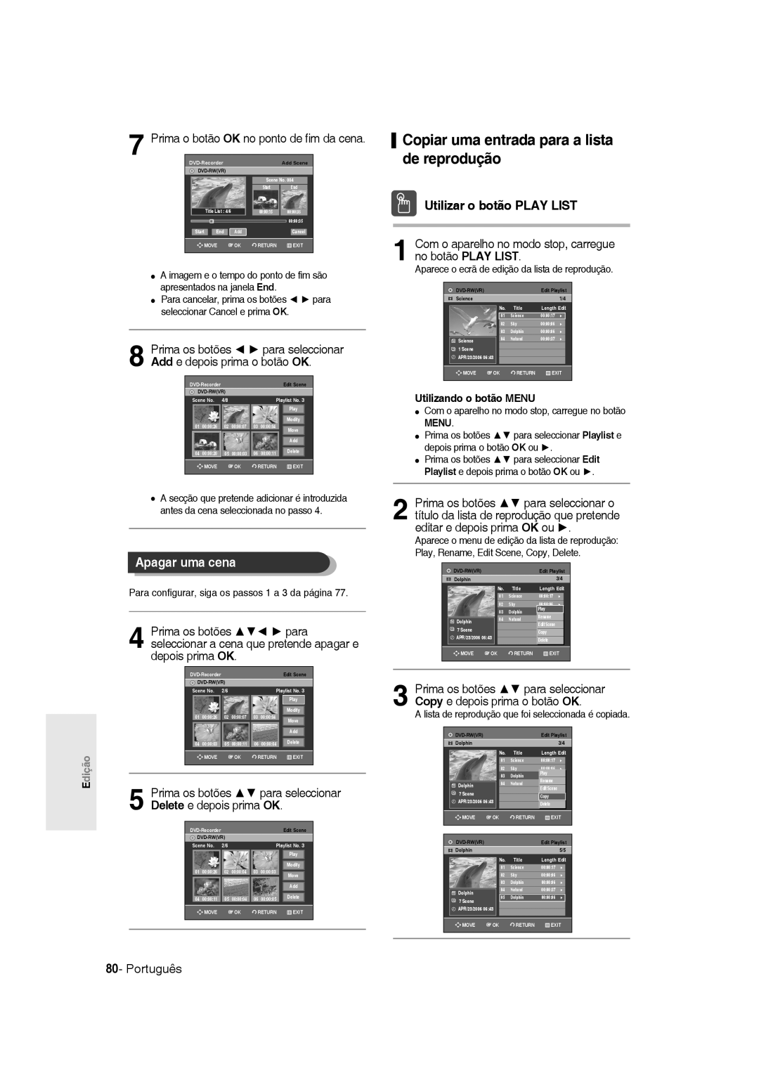 Samsung DVD-R135/XEE manual Copiar uma entrada para a lista de reprodução, Apagar uma cena, Utilizar o botão Play List 