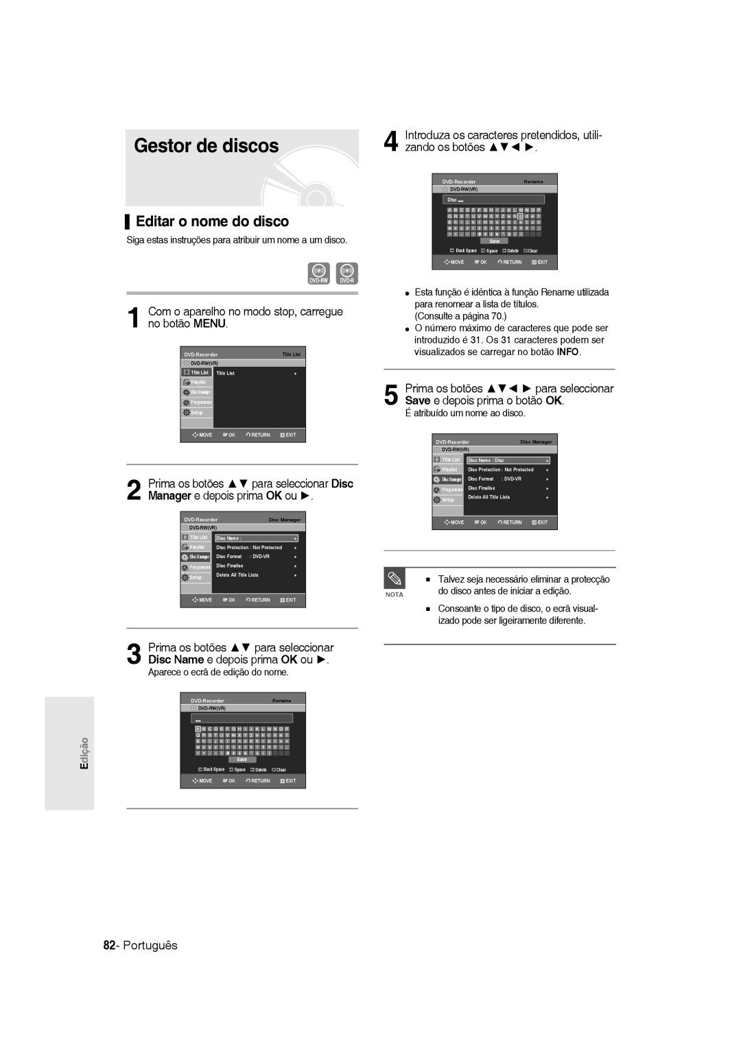 Samsung DVD-R135/XEO Gestor de discos, Editar o nome do disco, Introduza os caracteres pretendidos, utili- zando os botões 