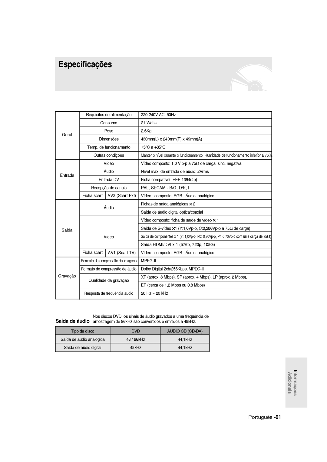 Samsung DVD-R135/XEO, DVD-R135/XEG, DVD-R135/XEB, DVD-R135/XEF, DVD-R135/EUR, DVD-R135/XEE, DVD-R135/XEC manual Especificações 