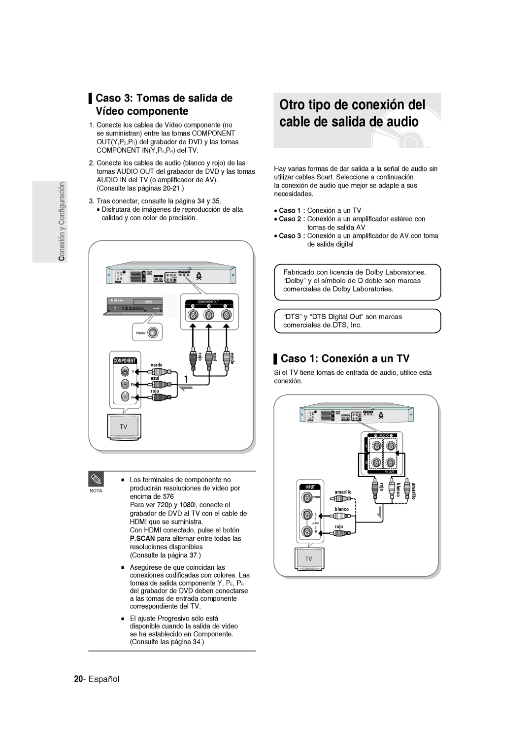 Samsung DVD-R135/XEF manual Otro tipo de conexión del cable de salida de audio, Caso 3 Tomas de salida de Vídeo componente 