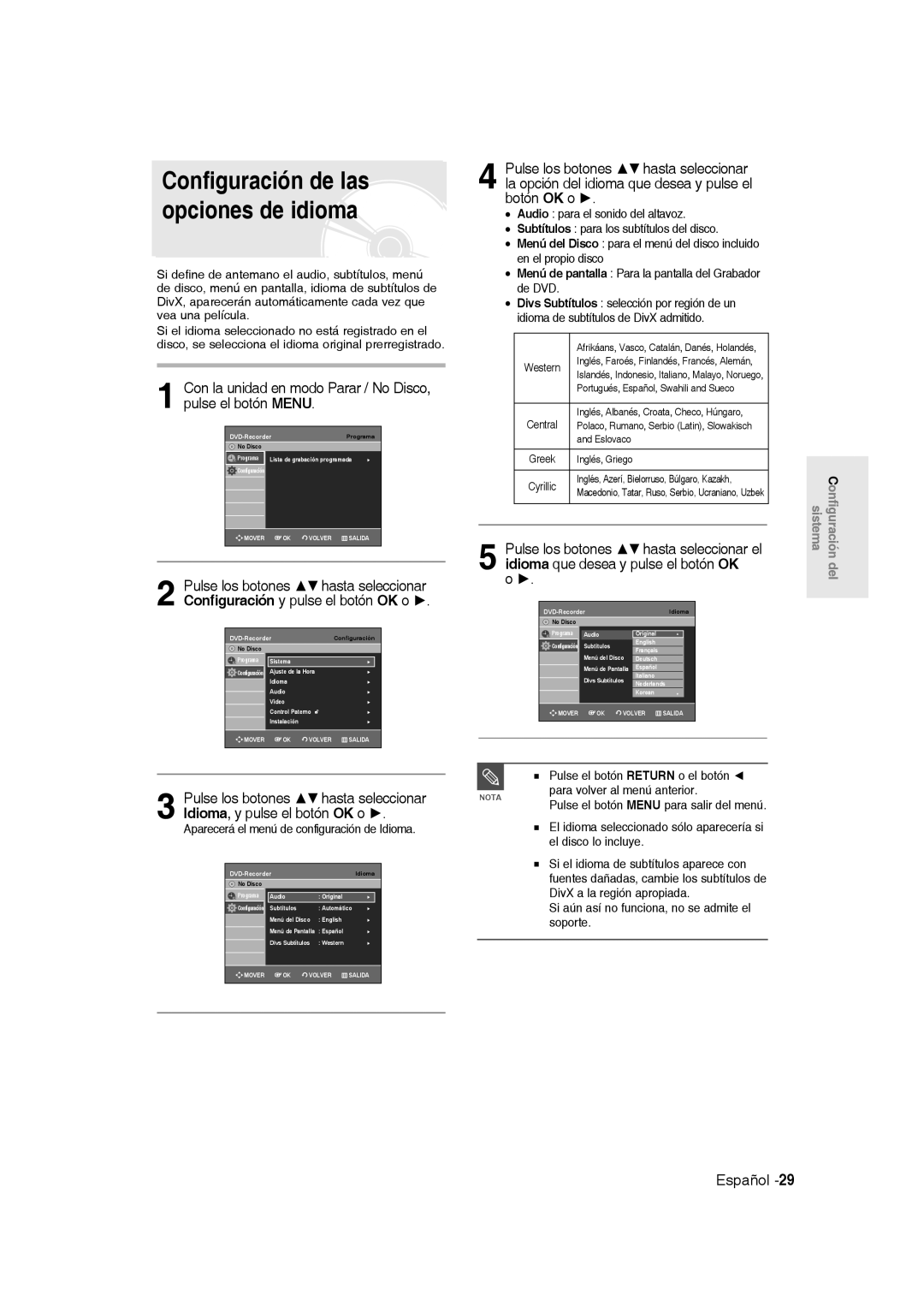 Samsung DVD-R135/XEF manual Configuración de las opciones de idioma, Aparecerá el menú de configuración de Idioma, Eslovaco 