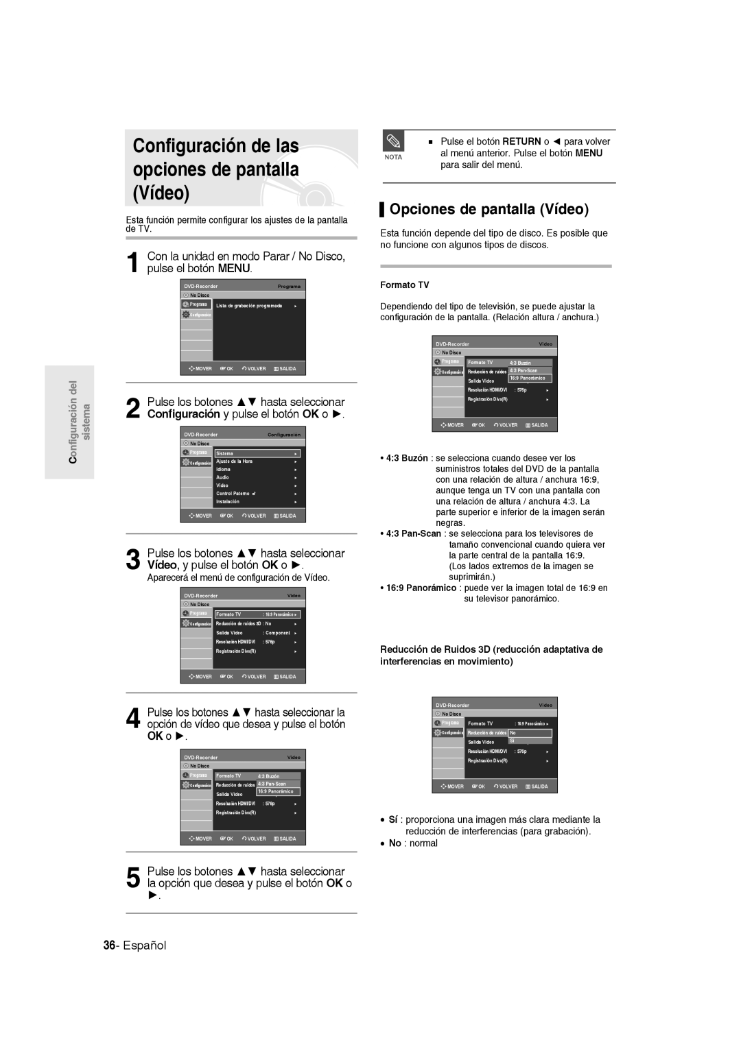 Samsung DVD-R135/XEG Configuración de las opciones de pantalla Vídeo, Opciones de pantalla Vídeo, Formato TV, No normal 